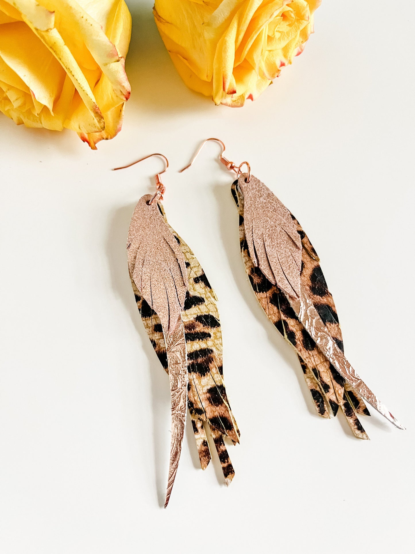 Rose Gold and Cheetah Feather Earrings, Leather Feather Fringe Earrings, Metallic Rose Gold Leather, Cheetah Print, Festival Fashion