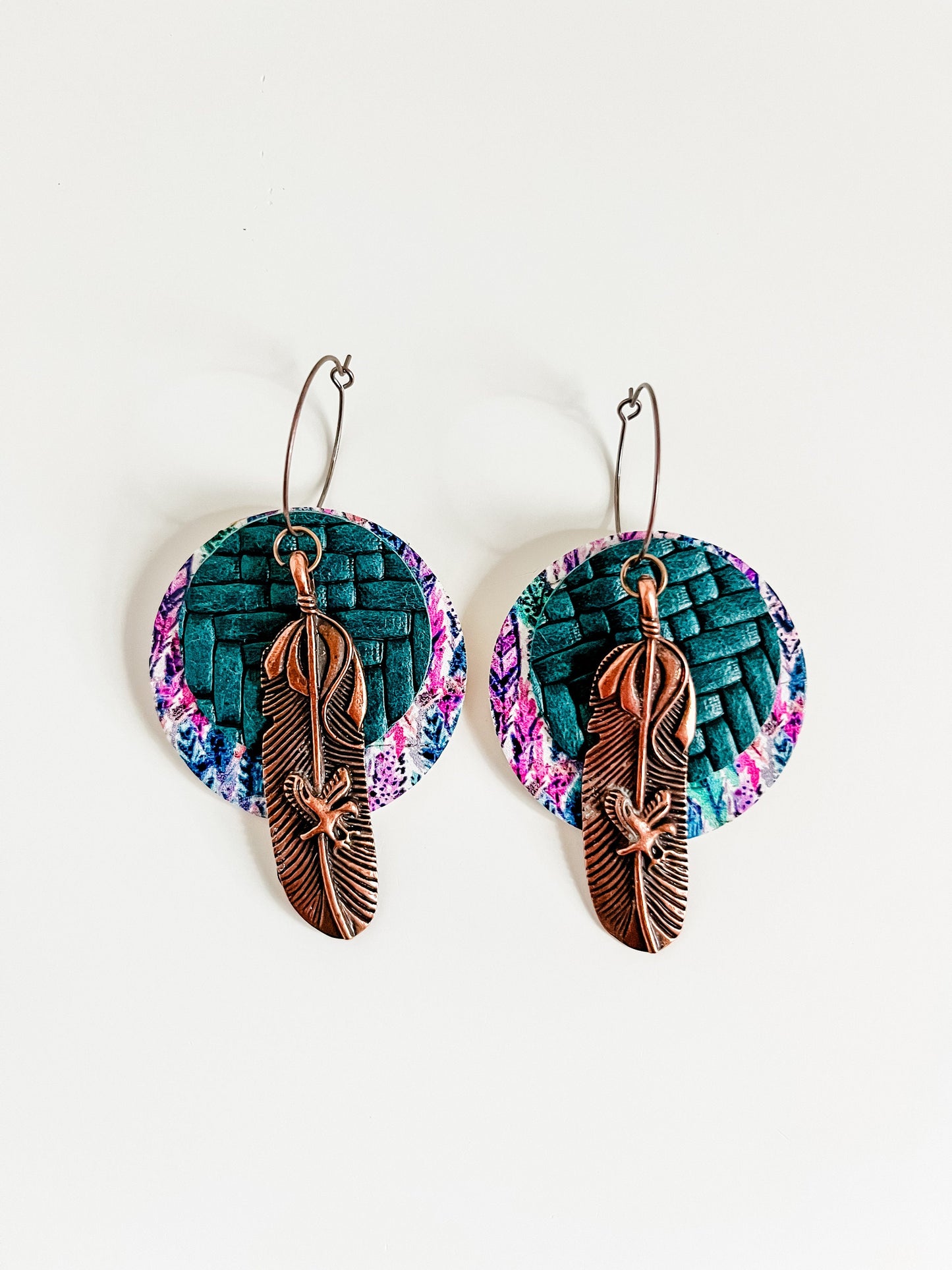 Boho Teal Leather Circle Earrings with Copper Feather Dangles, Feather Print Teal Leather, Feather Hoop Earrings, Western Festival Earrings