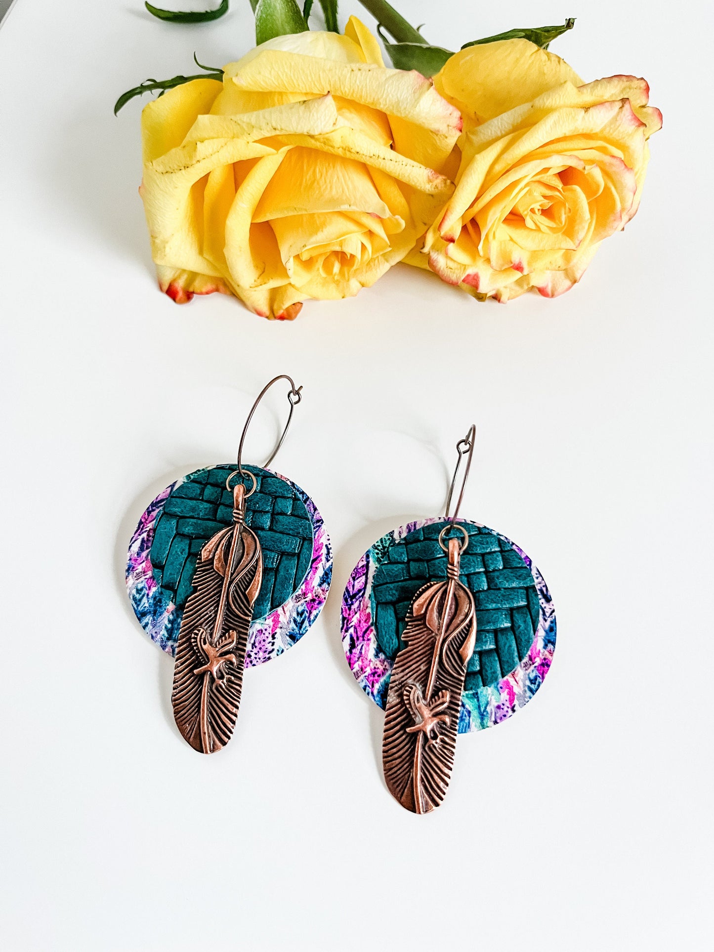 Boho Teal Leather Circle Earrings with Copper Feather Dangles, Feather Print Teal Leather, Feather Hoop Earrings, Western Festival Earrings