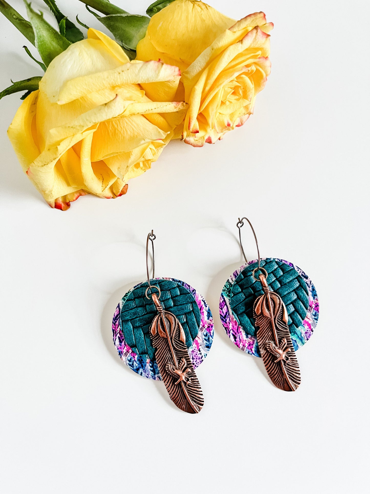 Boho Teal Leather Circle Earrings with Copper Feather Dangles, Feather Print Teal Leather, Feather Hoop Earrings, Western Festival Earrings