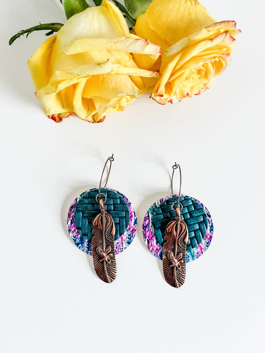 Boho Teal Leather Circle Earrings with Copper Feather Dangles, Feather Print Teal Leather, Feather Hoop Earrings, Western Festival Earrings