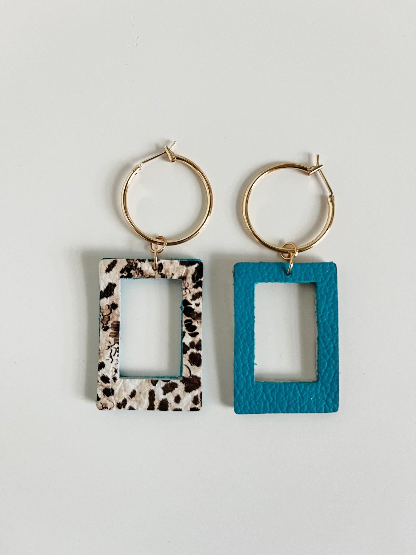 Cheetah Print and Teal Leather Earrings, Cute Double Sided Rectangle Dangles on Gold Hoops, Boho Festival Earrings, Animal Print Earrings