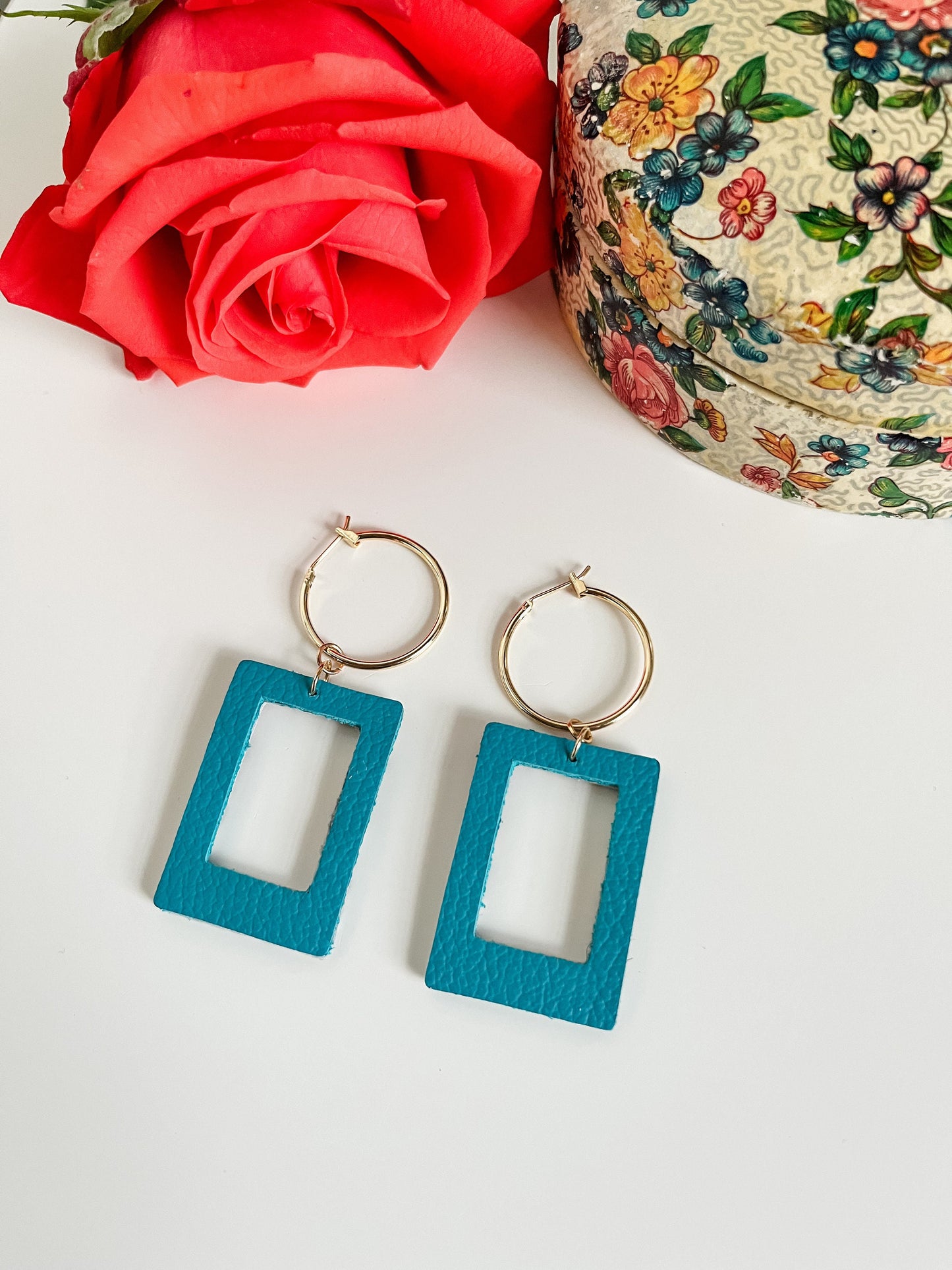 Cheetah Print and Teal Leather Earrings, Cute Double Sided Rectangle Dangles on Gold Hoops, Boho Festival Earrings, Animal Print Earrings