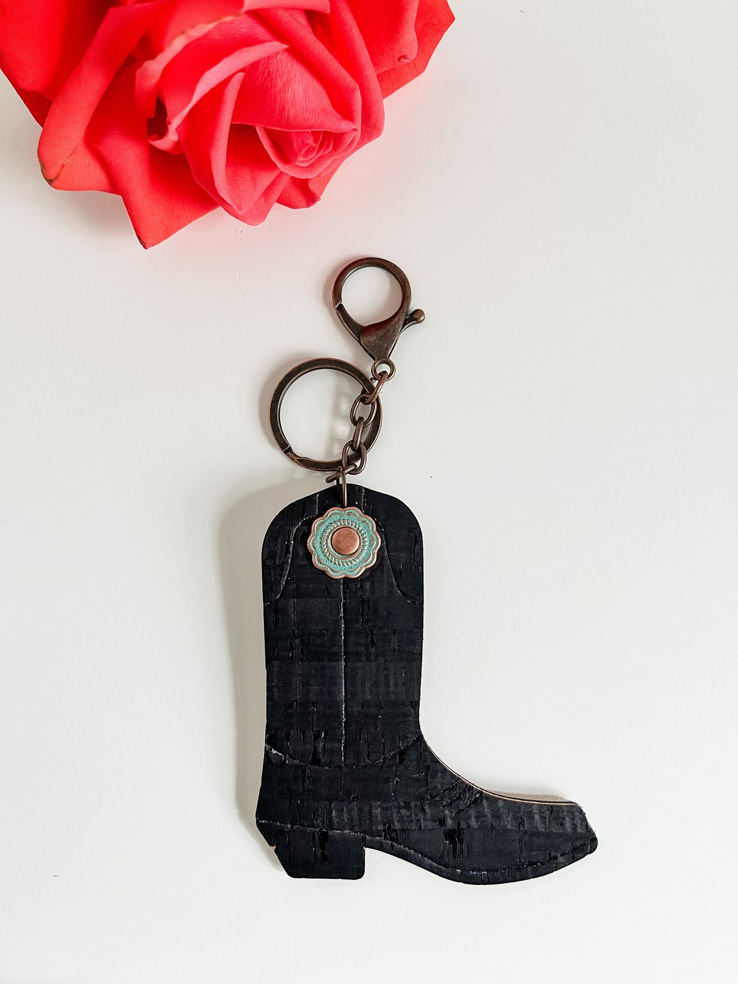 Western Cowgirl Boot Keychain, Double Sided Black and Rose Gold, Saddle Charm, Purse Charm Bag Flair, Gift for Cowgirl, Truck Accessories