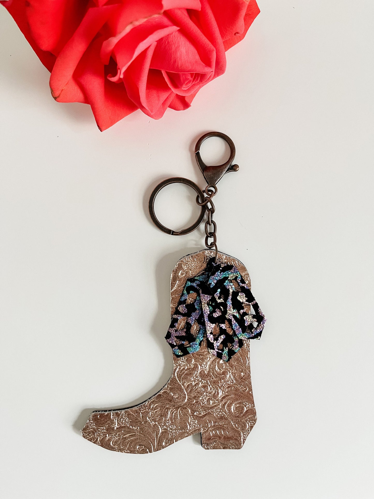 Western Cowgirl Boot Keychain, Double Sided Black and Rose Gold, Saddle Charm, Purse Charm Bag Flair, Gift for Cowgirl, Truck Accessories