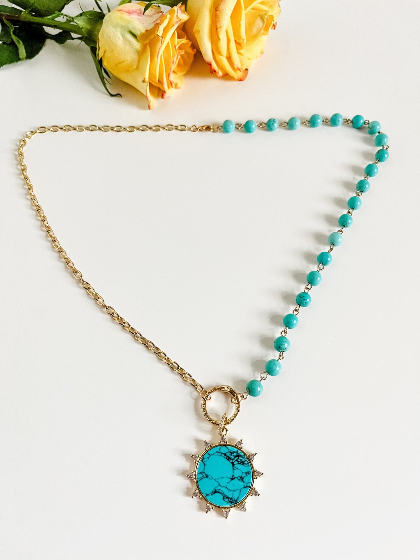 Turquoise Sun Necklace, Turquoise Howlite Bead Chain and Gold Two Strand Chain, Asymmetrical Necklace, Boho Coastal Cowgirl Chic Necklace