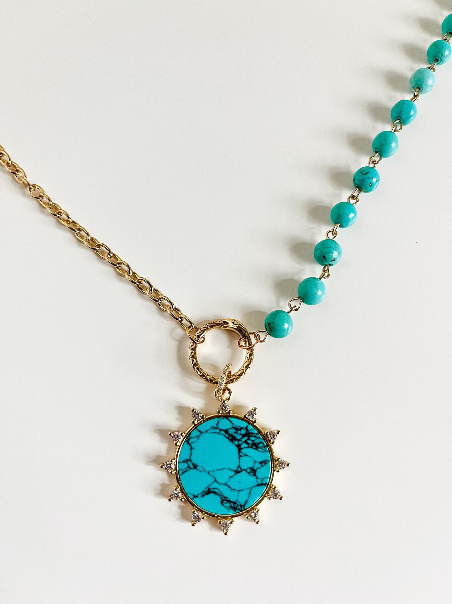 Turquoise Sun Necklace, Turquoise Howlite Bead Chain and Gold Two Strand Chain, Asymmetrical Necklace, Boho Coastal Cowgirl Chic Necklace