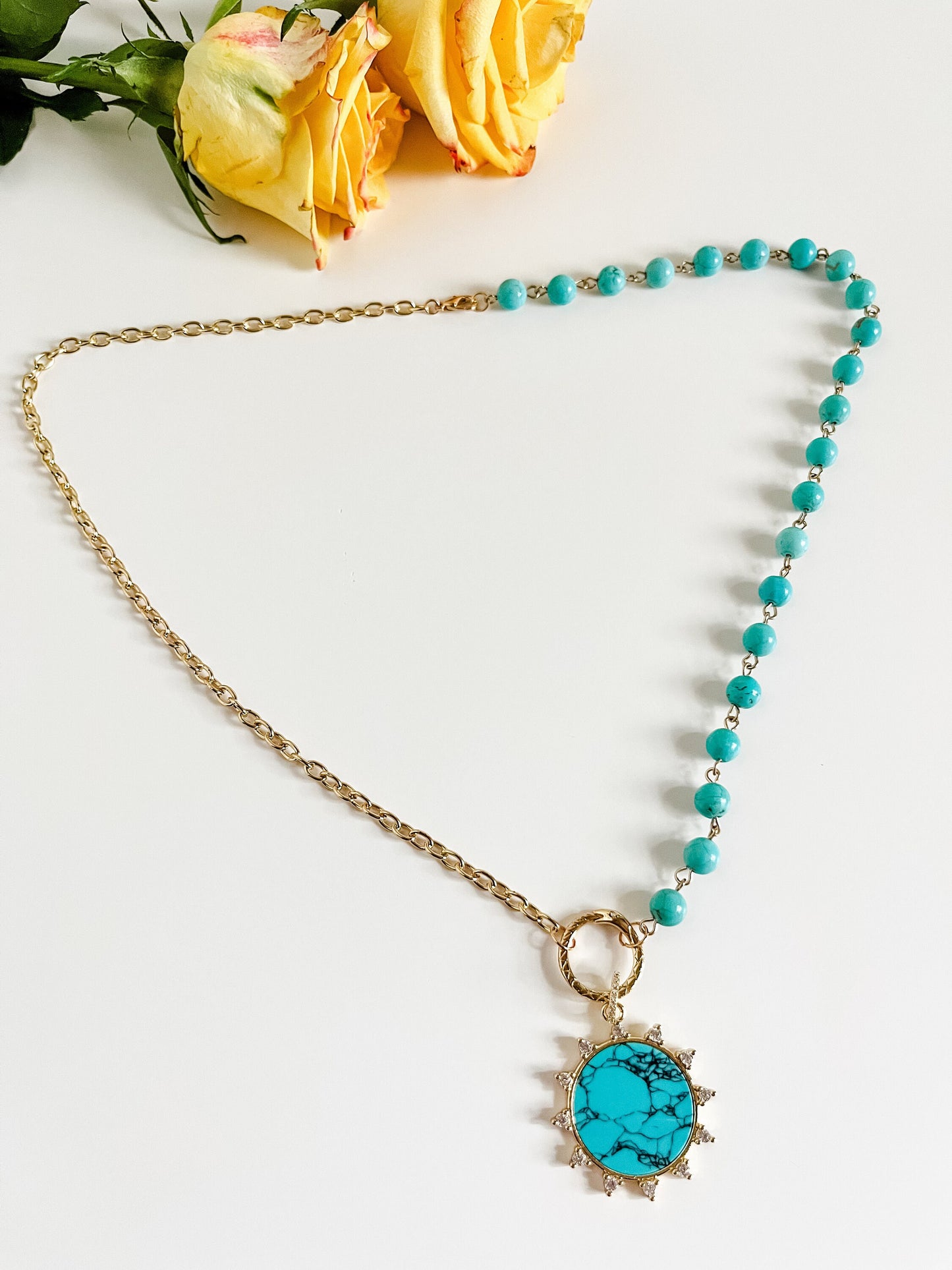 Turquoise Sun Necklace, Turquoise Howlite Bead Chain and Gold Two Strand Chain, Asymmetrical Necklace, Boho Coastal Cowgirl Chic Necklace