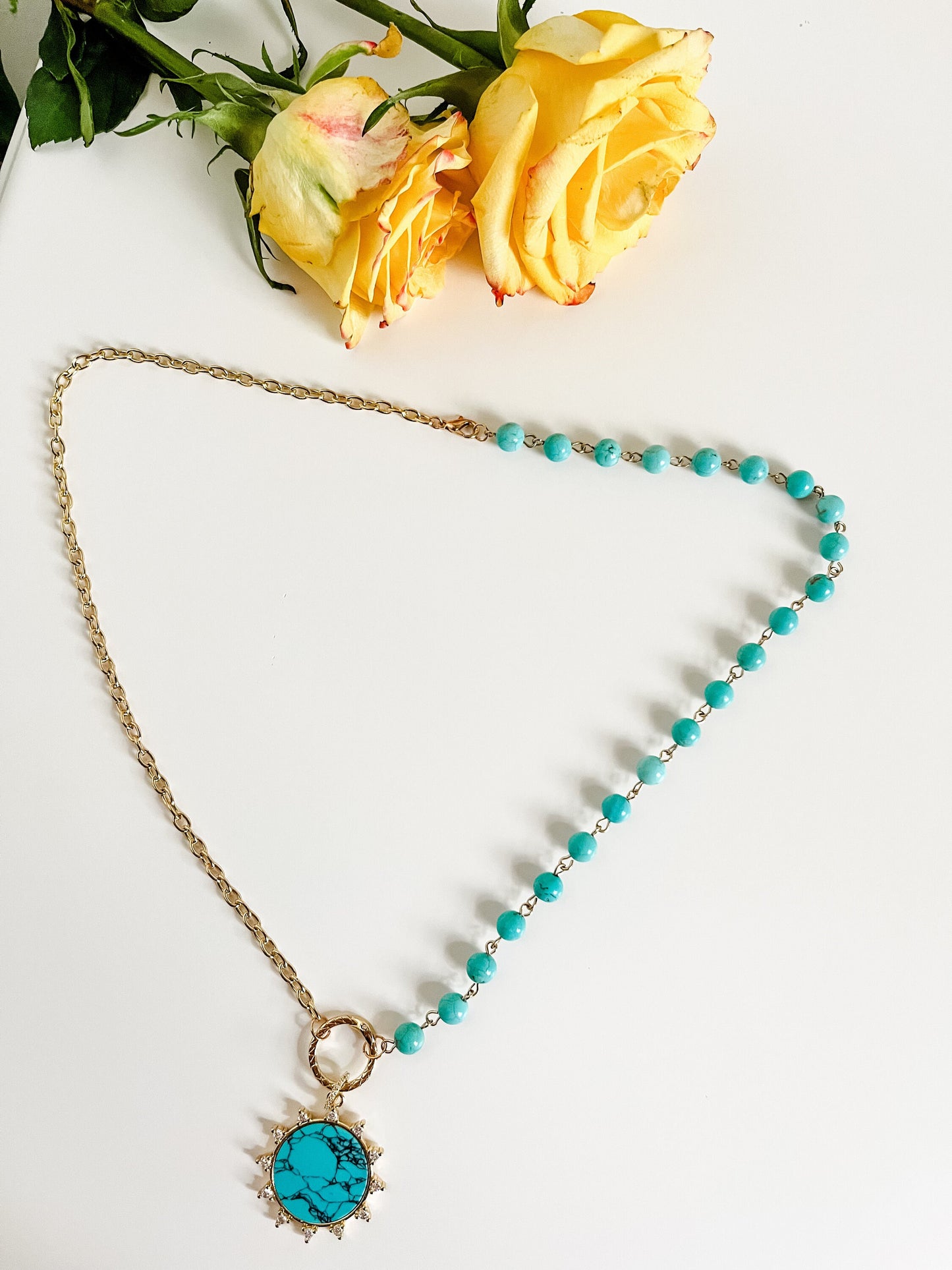 Turquoise Sun Necklace, Turquoise Howlite Bead Chain and Gold Two Strand Chain, Asymmetrical Necklace, Boho Coastal Cowgirl Chic Necklace