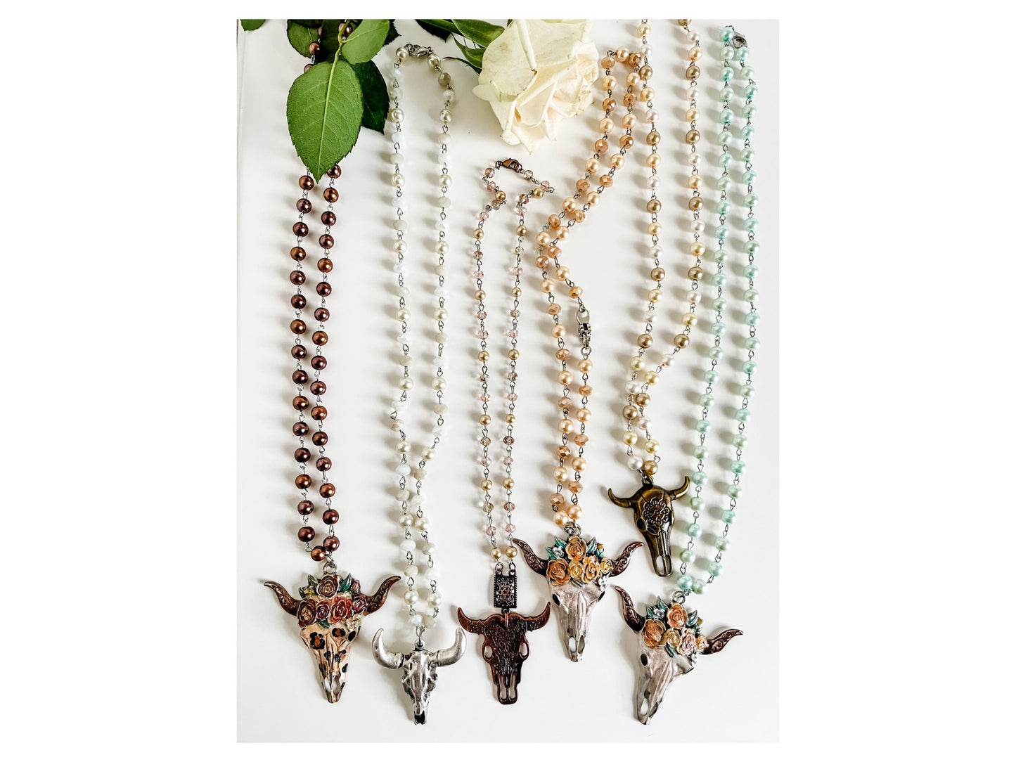 Boho Shabby Chic Steer Skull Pearl Necklaces, Western Pearl Necklace, Coastal Cowgirl Jewelry, Longhorn Skull Necklace, Rodeo Jewelry