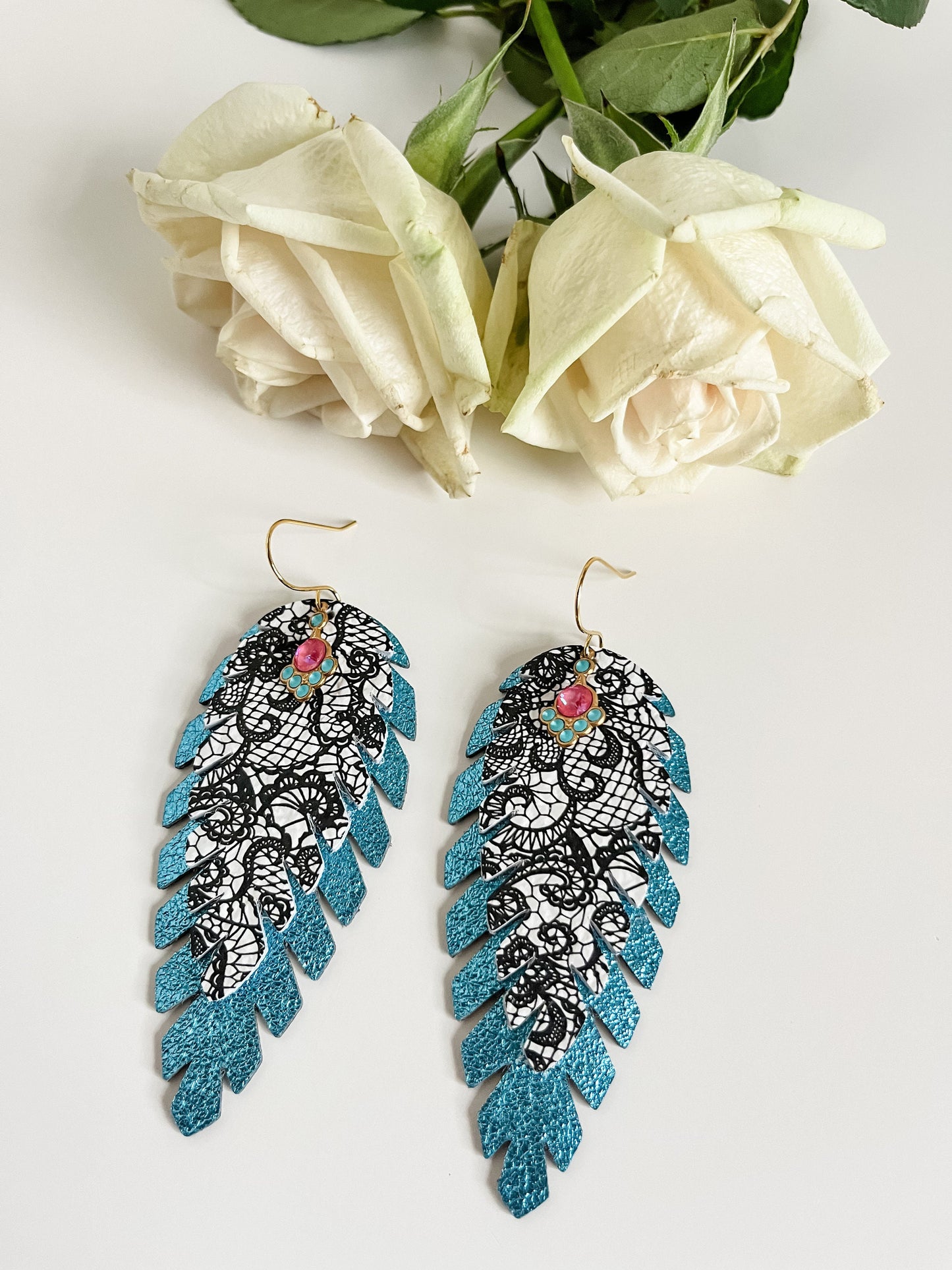 Turquoise and Black White Lace Feather Earrings, Boho Deco Earrings, Vintage Art Deco Dangles, Unique Leather Earrings