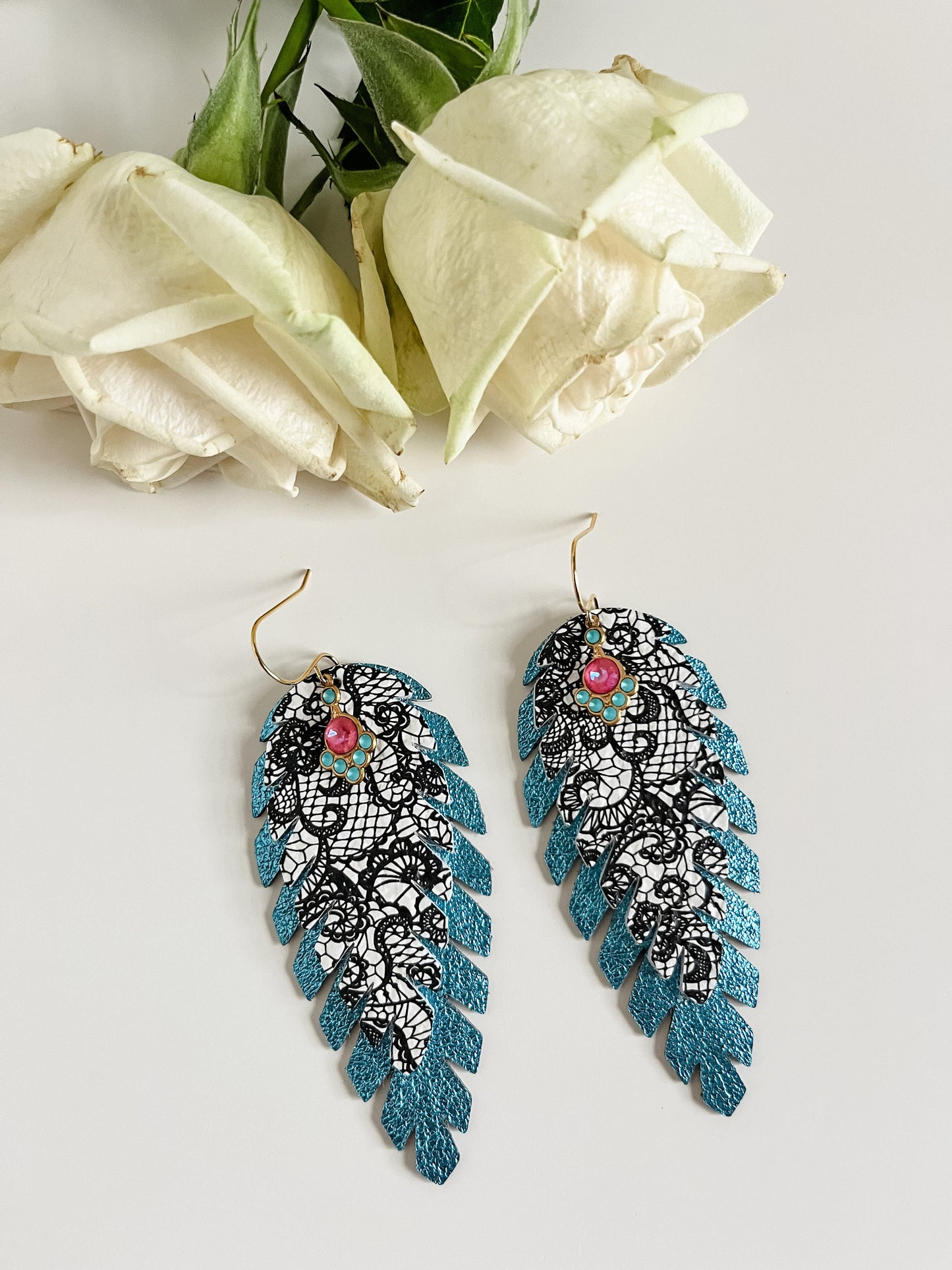 Turquoise and Black White Lace Feather Earrings, Boho Deco Earrings, Vintage Art Deco Dangles, Unique Leather Earrings