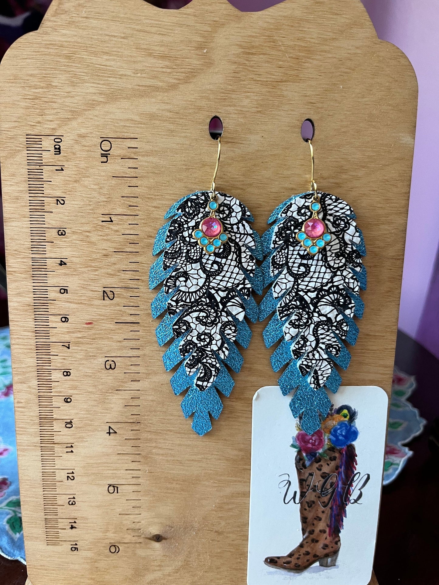 Turquoise and Black White Lace Feather Earrings, Boho Deco Earrings, Vintage Art Deco Dangles, Unique Leather Earrings