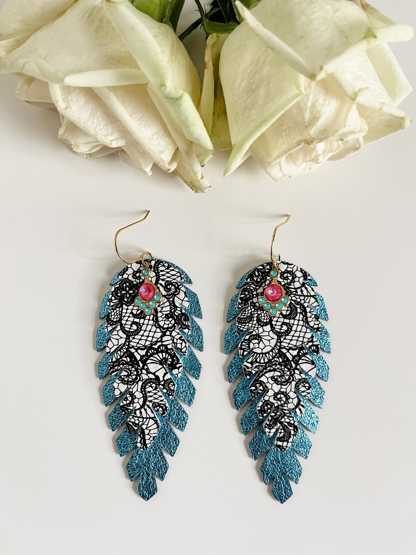 Turquoise and Black White Lace Feather Earrings, Boho Deco Earrings, Vintage Art Deco Dangles, Unique Leather Earrings