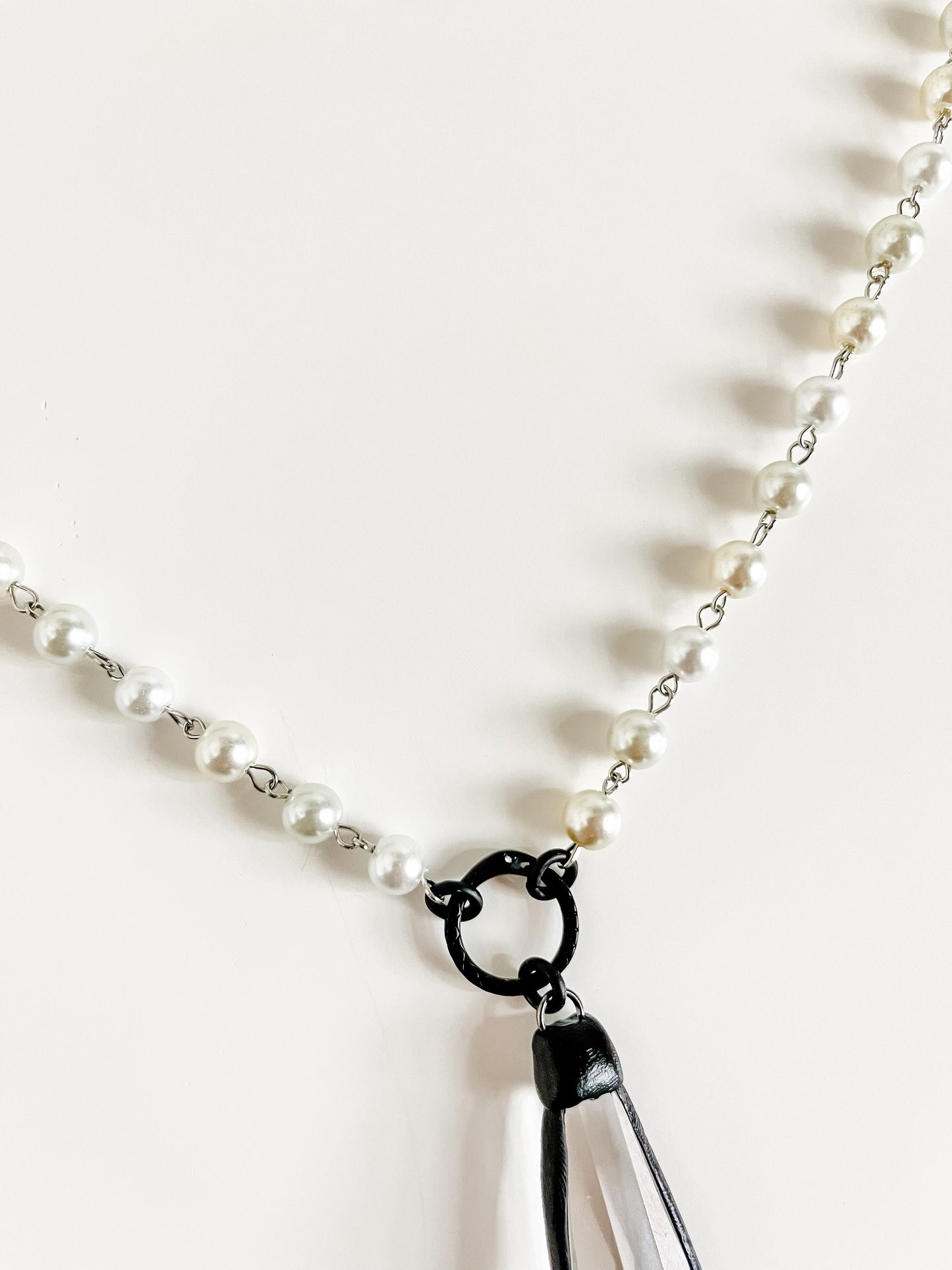 Pearl Necklace with Big Crystal Pendant, White Pearl Bead Necklace, Clear Crystal Pendant, Black Snake Infinity Clasp, Boho Dressy Necklace