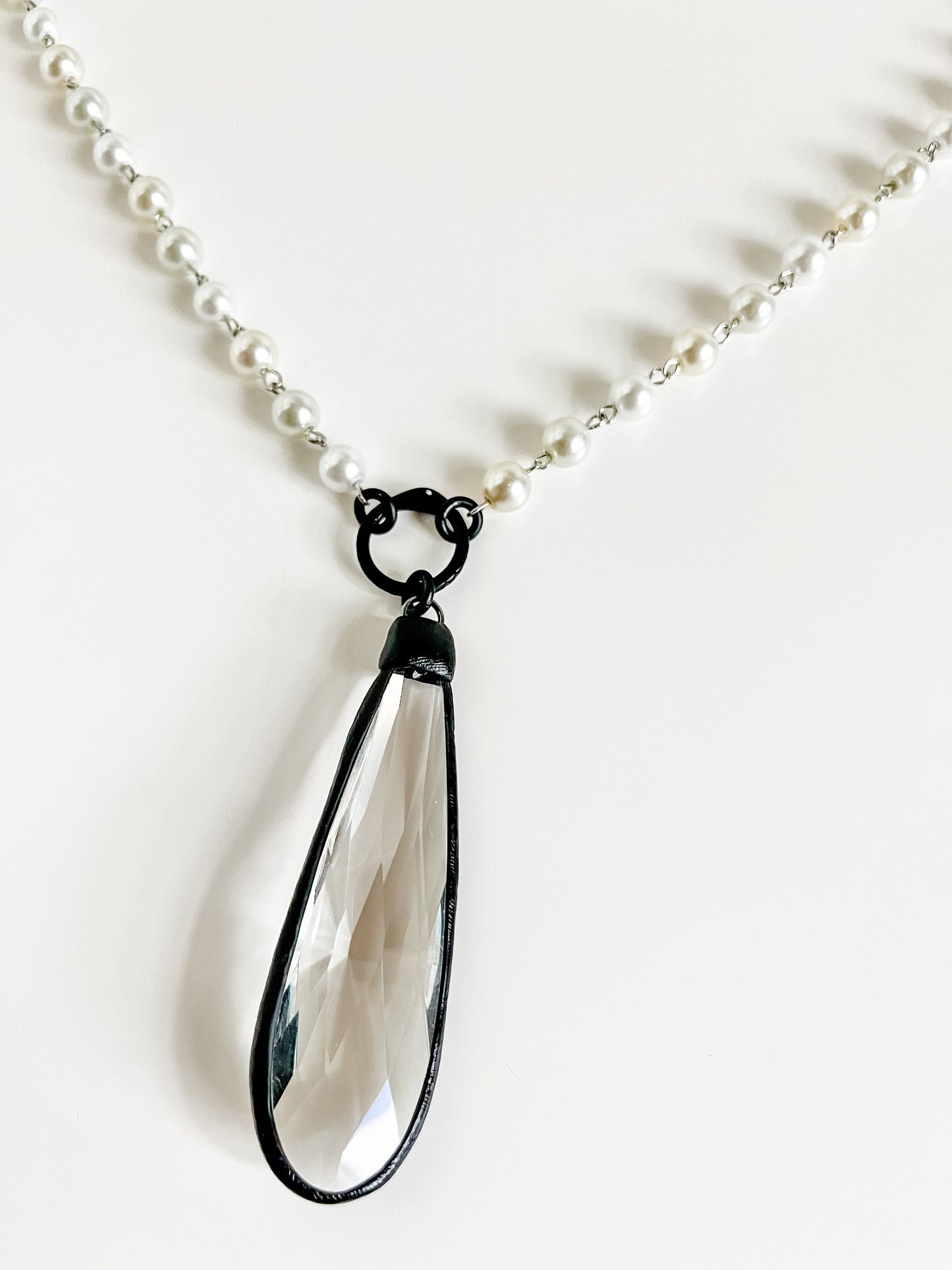 Pearl Necklace with Big Crystal Pendant, White Pearl Bead Necklace, Clear Crystal Pendant, Black Snake Infinity Clasp, Boho Dressy Necklace