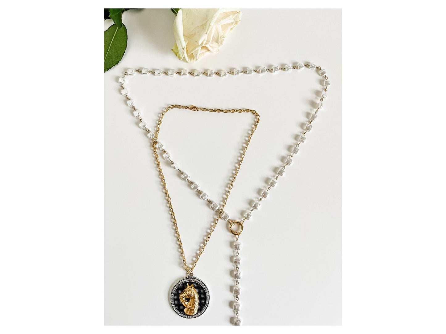 Horse Coin Pearl Y Necklace Set, Equestrian Necklace, Western Pearl Lariat Necklace, Interchangeable Necklace Set, Unique Horse Jewelry