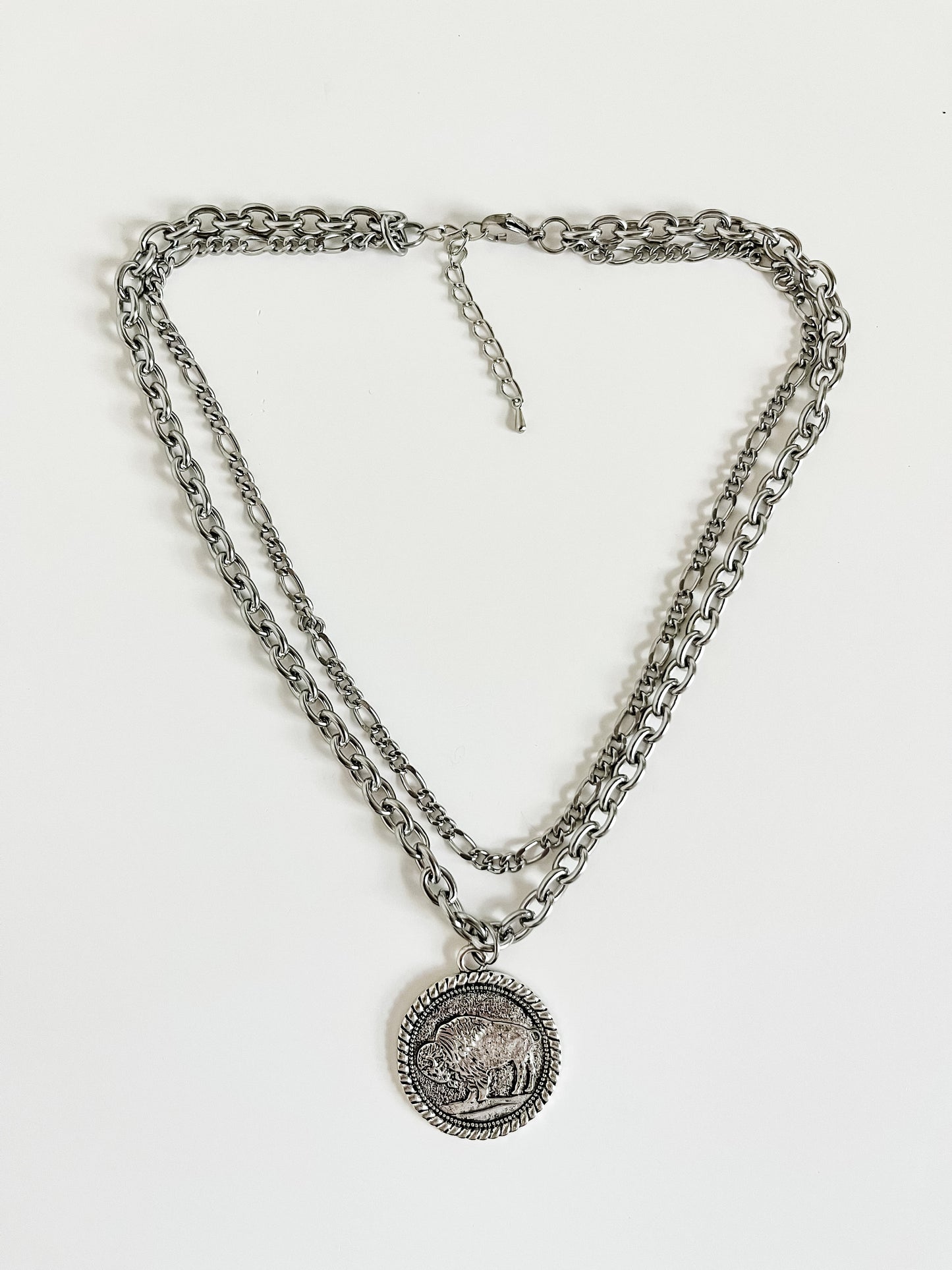 Buffalo Coin Necklace, Two Strand Silver Necklace, Western Layered Necklace, Rodeo Festival Fashion, Southwestern Necklace