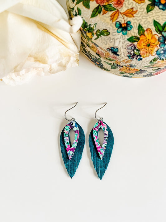 Boho Teal Leather Fringe Earrings, Teal Distressed Leather, Vibrant Green Floral Print with Leopard Spots, Coastal Cowgirl Cottagecore