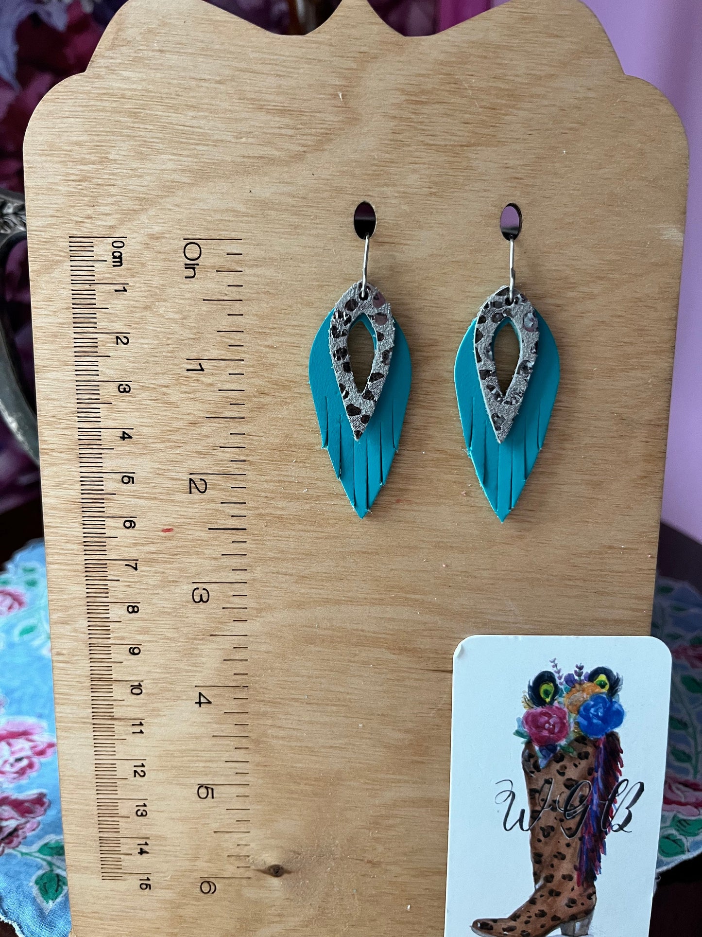 Turquoise and Metallic Silver Leopard Leather Fringe Earrings, Turquoise Earrings, Leopard Cheetah Earrings, Western Concert Earrings