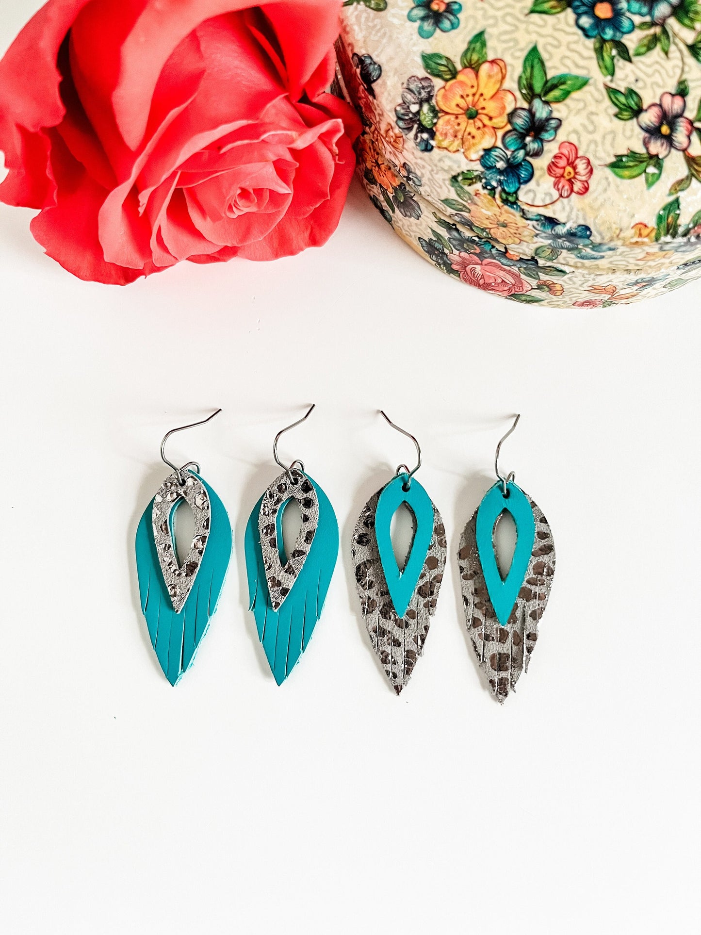 Turquoise and Metallic Silver Leopard Leather Fringe Earrings, Turquoise Earrings, Leopard Cheetah Earrings, Western Concert Earrings