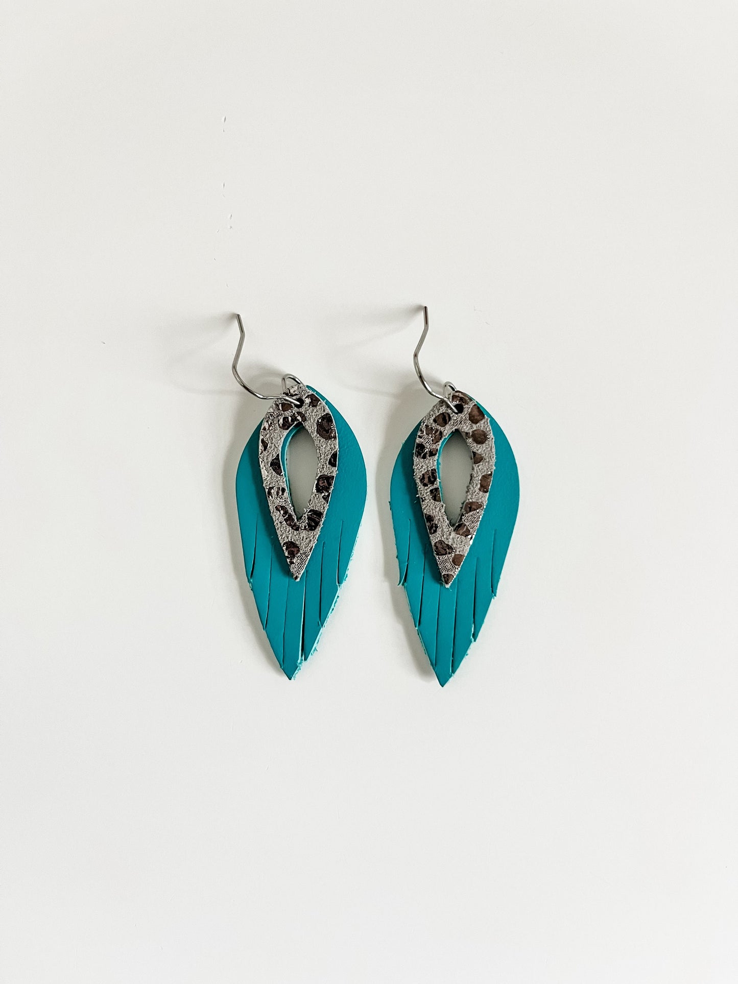 Turquoise and Metallic Silver Leopard Leather Fringe Earrings, Turquoise Earrings, Leopard Cheetah Earrings, Western Concert Earrings