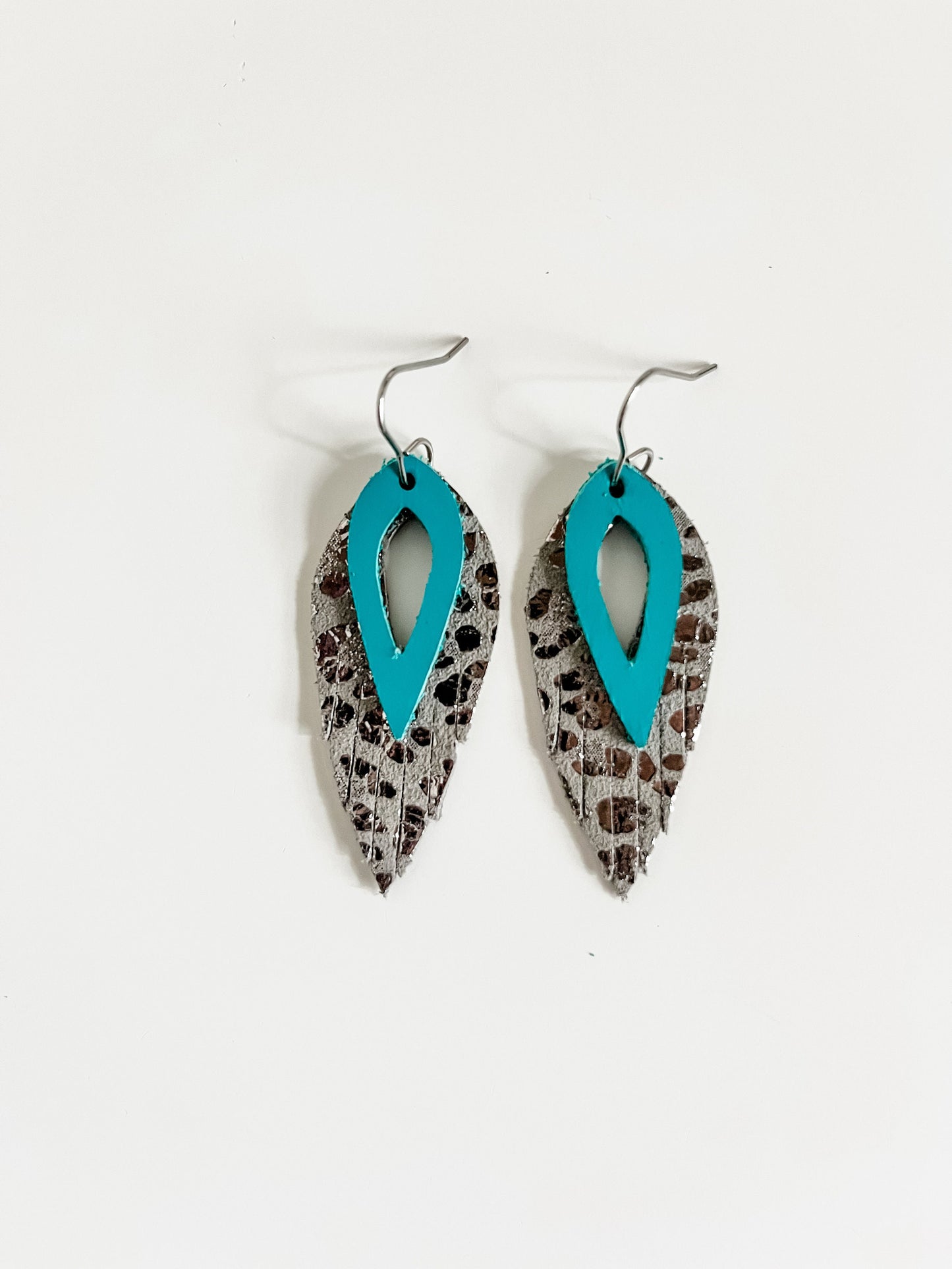 Turquoise and Metallic Silver Leopard Leather Fringe Earrings, Turquoise Earrings, Leopard Cheetah Earrings, Western Concert Earrings