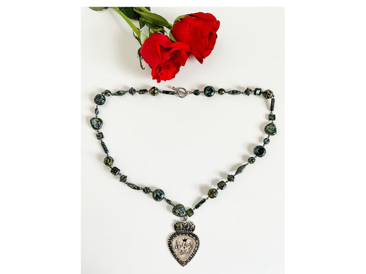 Dream Big Crowned Heart Pendant on Vintage Black Picasso Rosary Bead Chain, Steampunk Necklace, Whimsigoth Maximalist Necklace