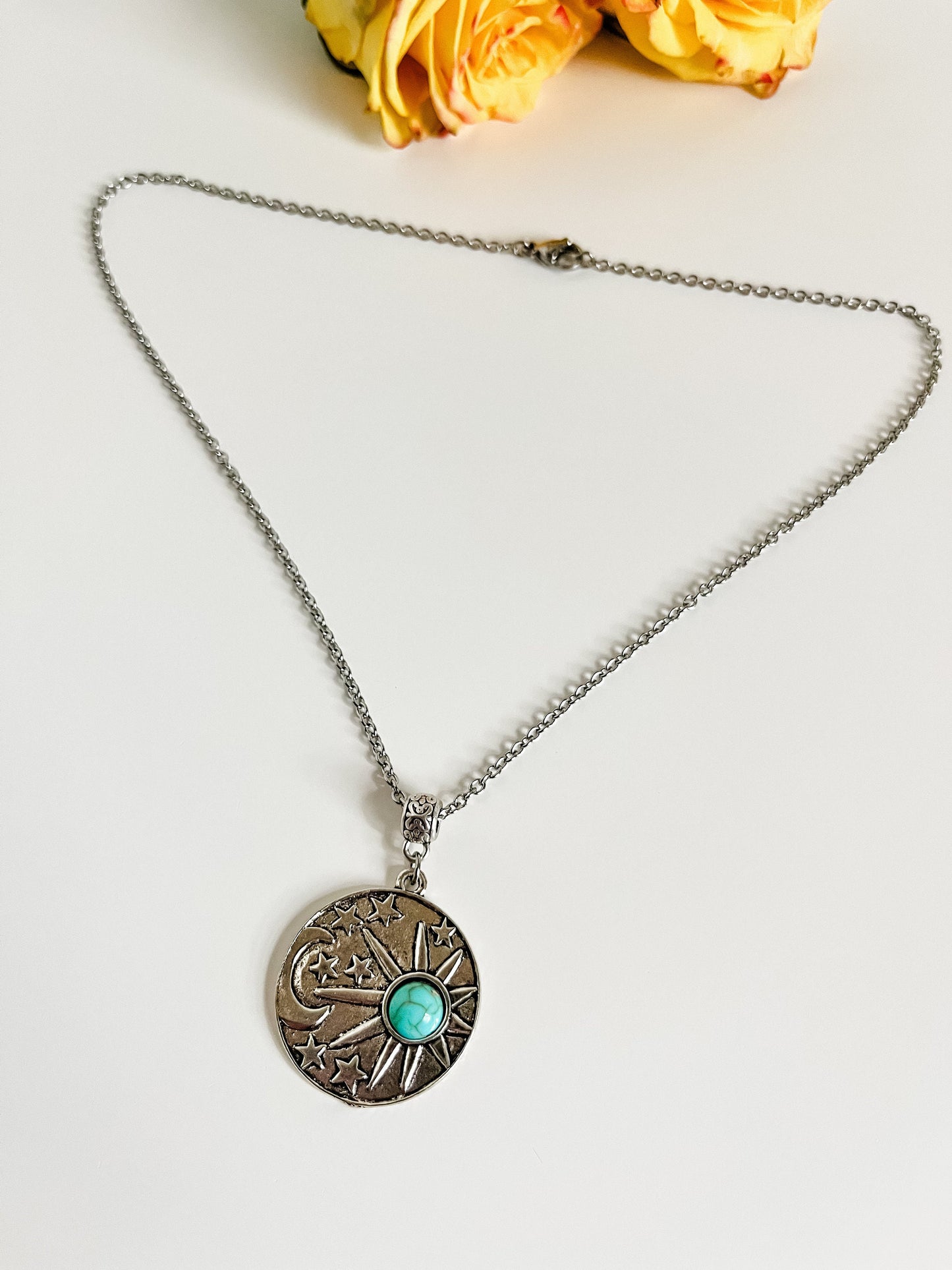 Boho Turquoise Celestial Pendant Necklace, Sun Moon and Stars Necklace, Festival Fashion Jewelry