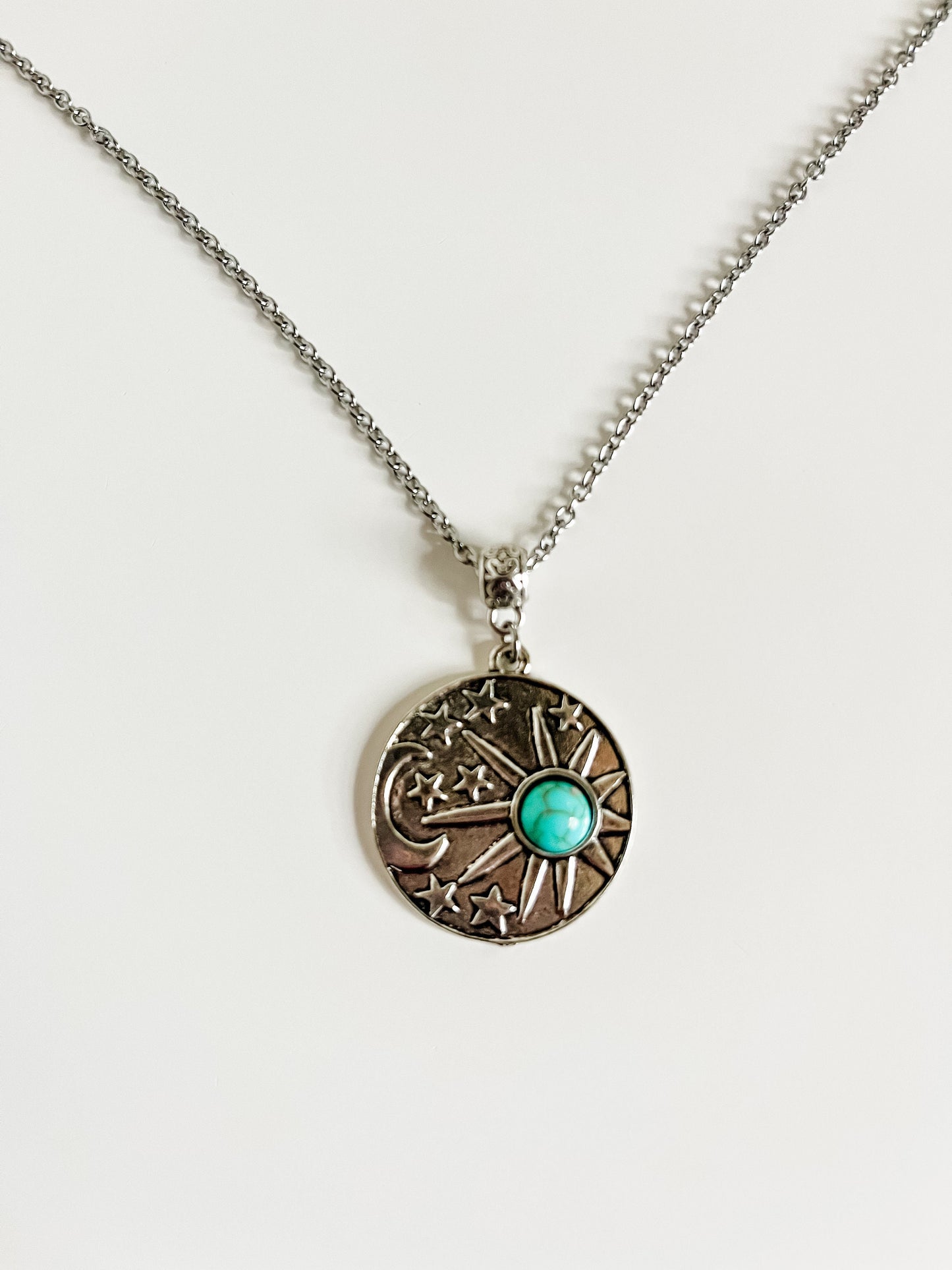 Boho Turquoise Celestial Pendant Necklace, Sun Moon and Stars Necklace, Festival Fashion Jewelry