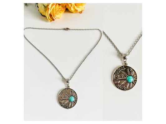 Boho Turquoise Celestial Pendant Necklace, Sun Moon and Stars Necklace, Festival Fashion Jewelry