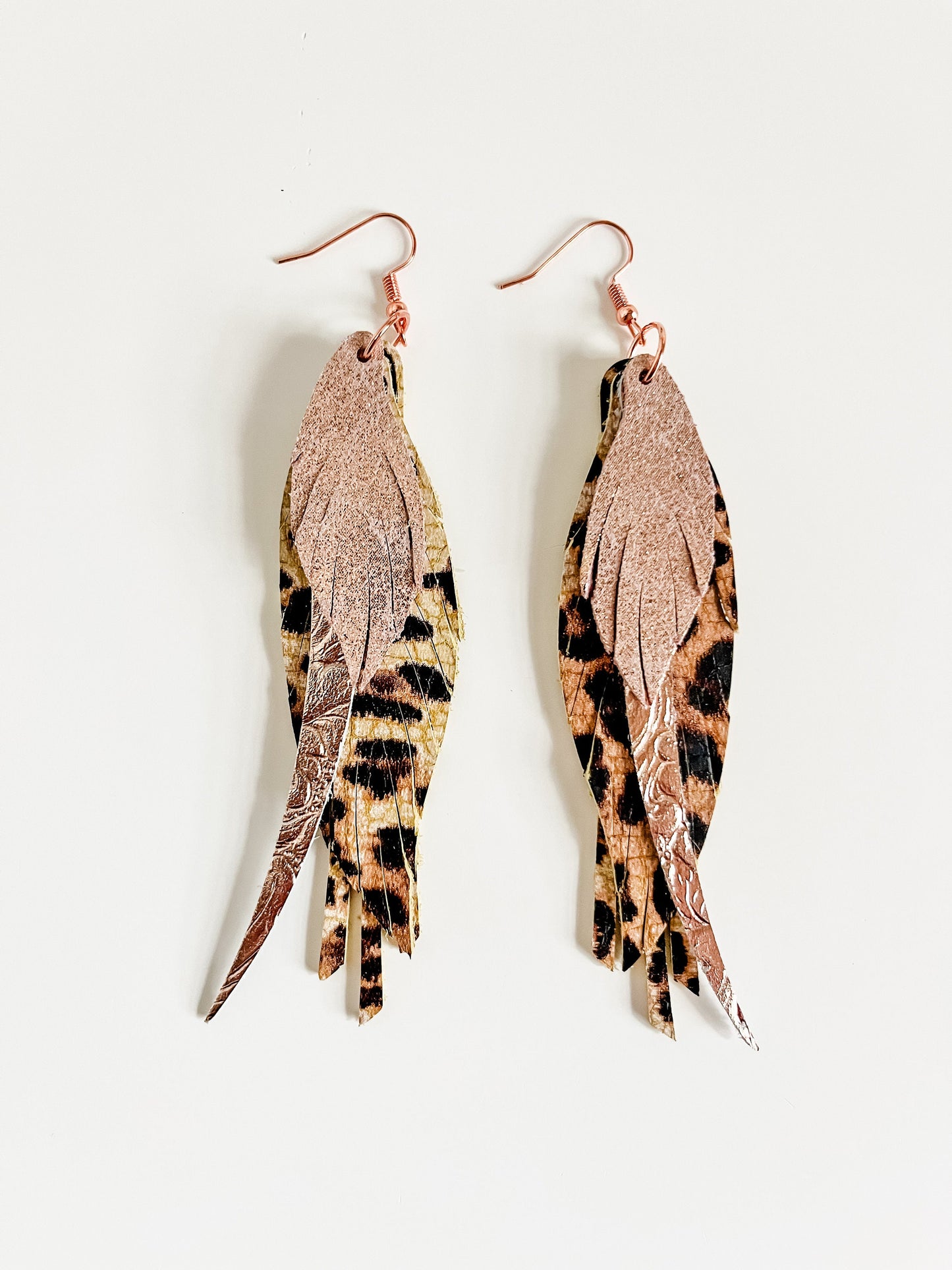 Rose Gold and Cheetah Feather Earrings, Leather Feather Fringe Earrings, Metallic Rose Gold Leather, Cheetah Print, Festival Fashion