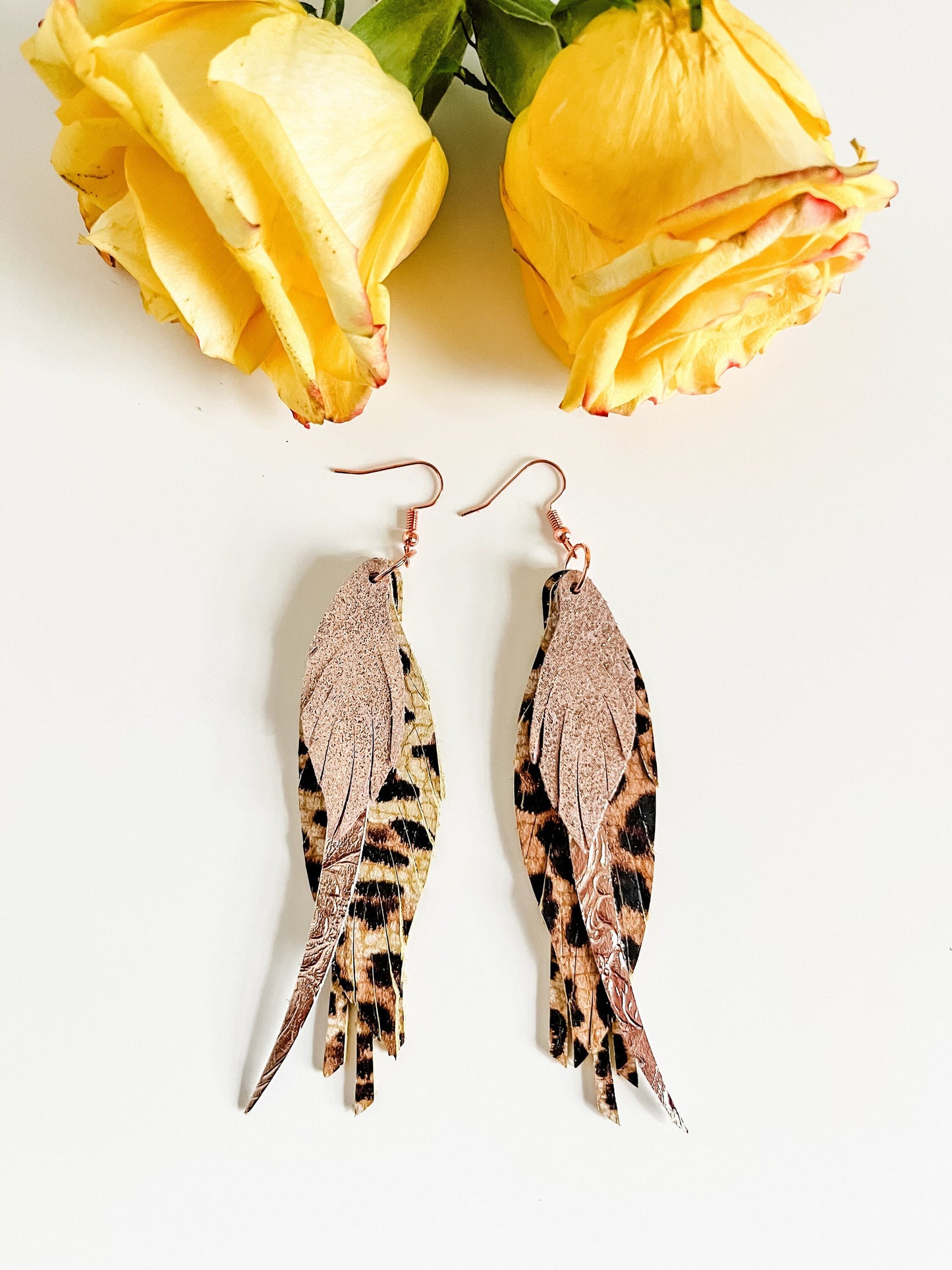 Rose Gold and Cheetah Feather Earrings, Leather Feather Fringe Earrings, Metallic Rose Gold Leather, Cheetah Print, Festival Fashion