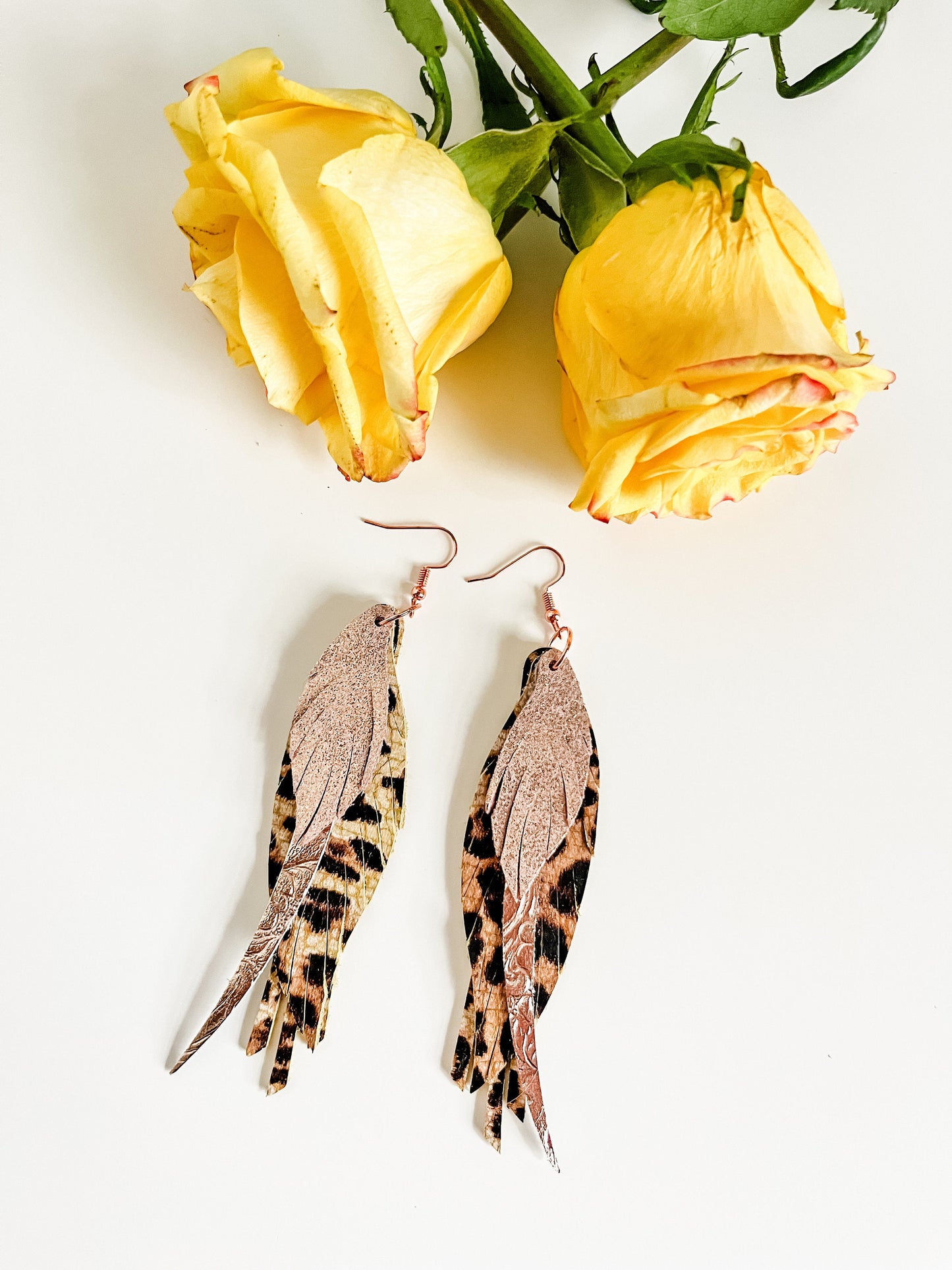 Rose Gold and Cheetah Feather Earrings, Leather Feather Fringe Earrings, Metallic Rose Gold Leather, Cheetah Print, Festival Fashion