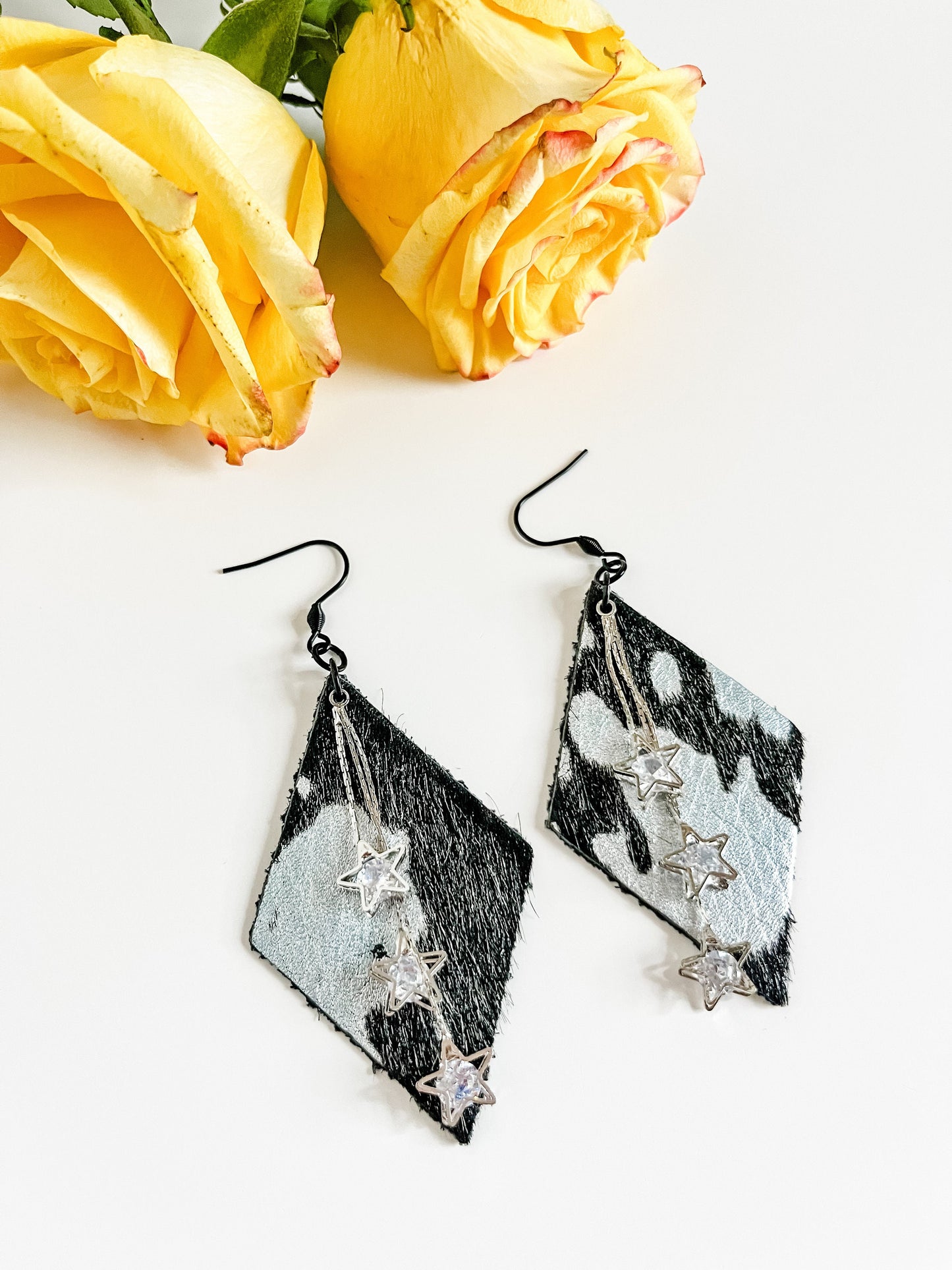 Black and Silver Cowhide Earrings with Star Chain Tassel Dangles, Western Glam Earrings, Festival Earrings, Concert Earrings, Hair on Hide