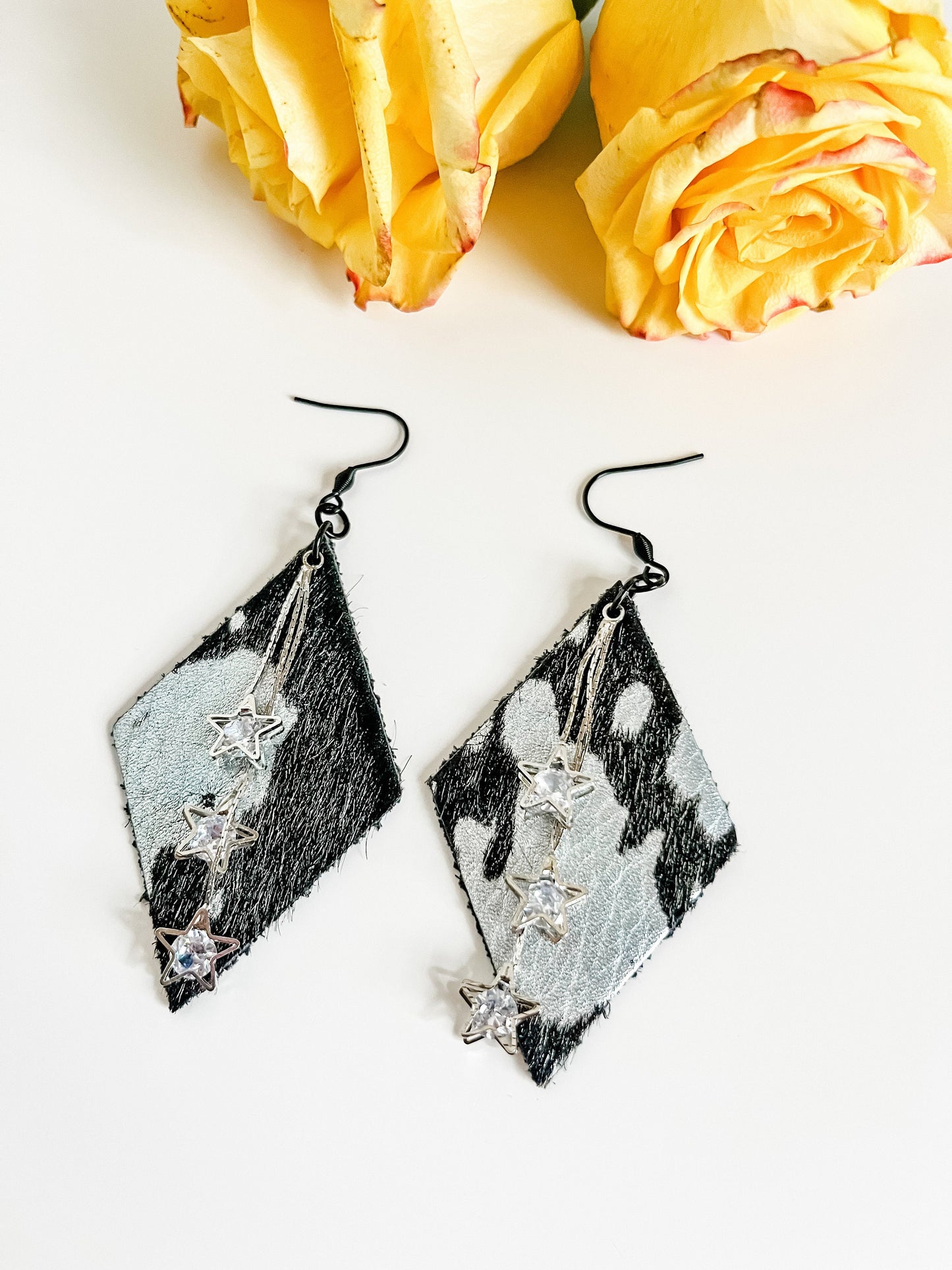 Black and Silver Cowhide Earrings with Star Chain Tassel Dangles, Western Glam Earrings, Festival Earrings, Concert Earrings, Hair on Hide