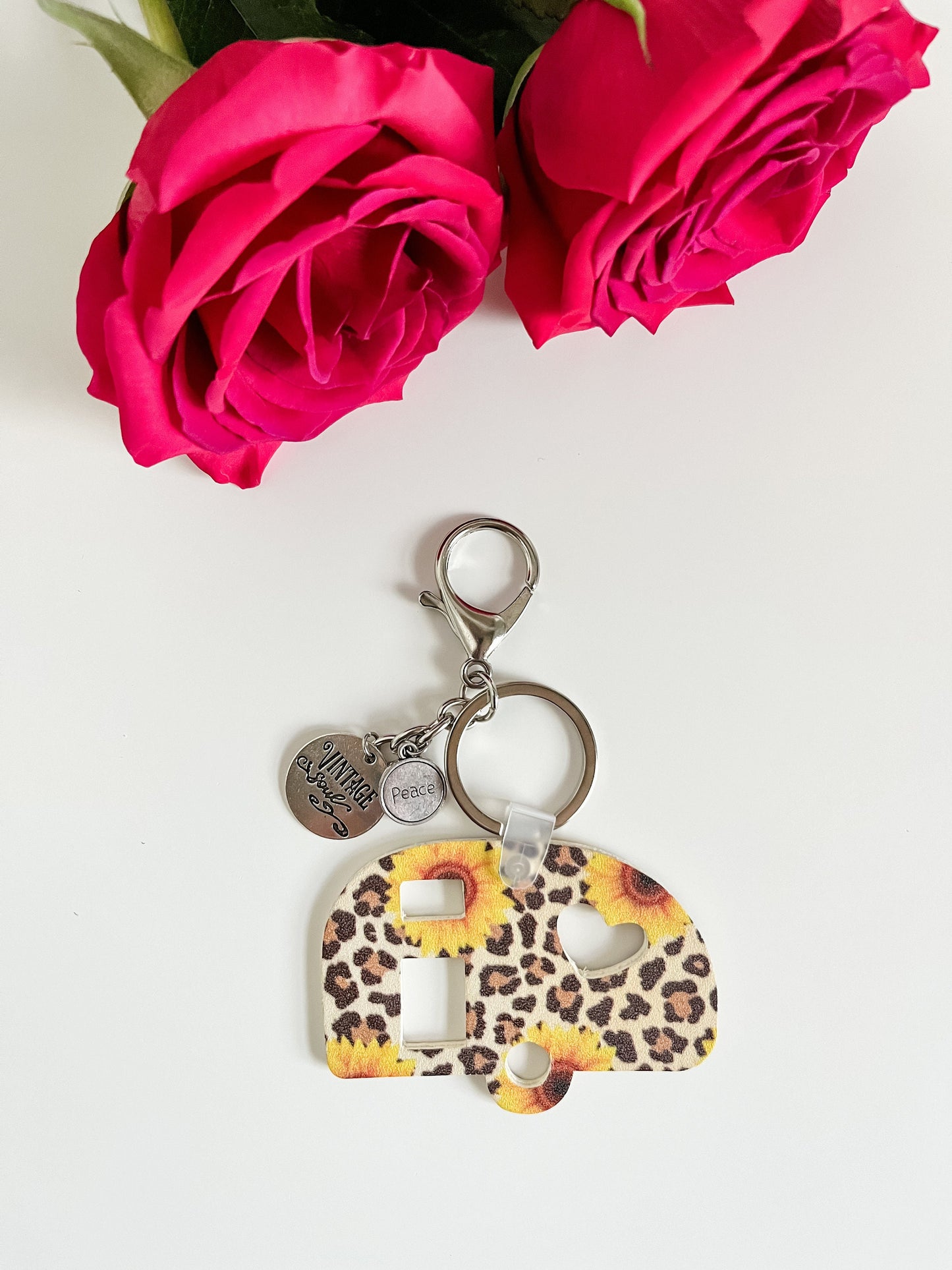 Vintage Camper Keychains, Bag Flair, Purse Charm, Glamping Gift, Gypsy Wagon Keychain, Leopard Sunflower Print, Retro Daisy Print Leather