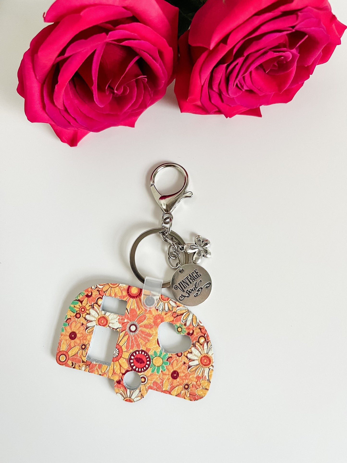 Vintage Camper Keychains, Bag Flair, Purse Charm, Glamping Gift, Gypsy Wagon Keychain, Leopard Sunflower Print, Retro Daisy Print Leather