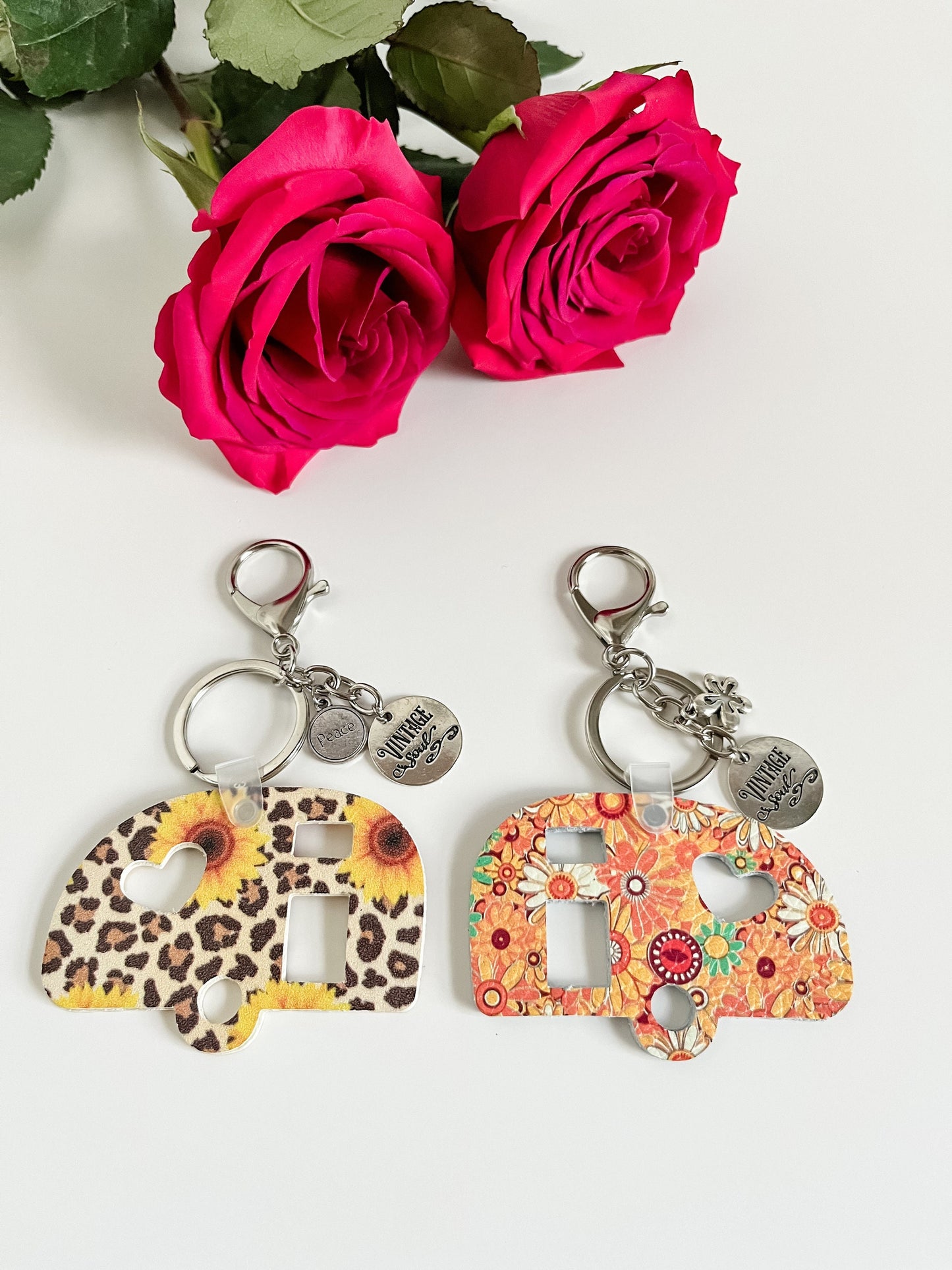 Vintage Camper Keychains, Bag Flair, Purse Charm, Glamping Gift, Gypsy Wagon Keychain, Leopard Sunflower Print, Retro Daisy Print Leather