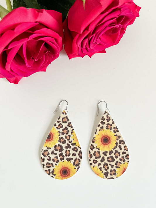 Sunflower Leopard Print Teardrop Earrings, Big Leather Teardrop Earrings, Sunflowers with Cheetah Spots, Sunflower Earrings