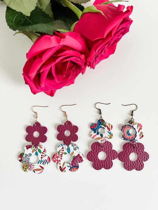 Flower Dangle Earrings, Colorful Floral Print, Berry Leather Earrings, Cottagecore Earrings, Coquette Chic Earrings, Boho Wedding Earrings