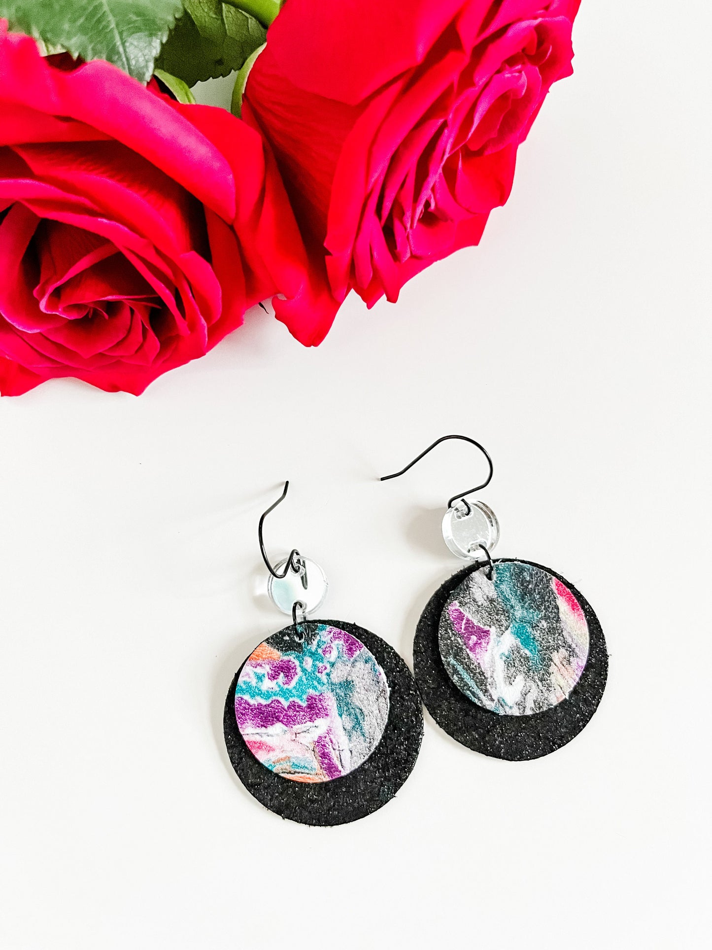 Circle Dangle Earrings in Vibrant Retro Print and Black Leather, 80s Vibe Earrings, Concert Earrings, Festival Earrings, Quirky Earrings