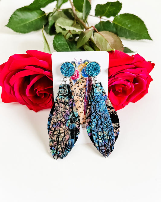 Metallic Leather Fringe Earrings Teal Druzy Studs, Multicolored Metallic Paisley Print on Black Leather, Leather Statement Earrings