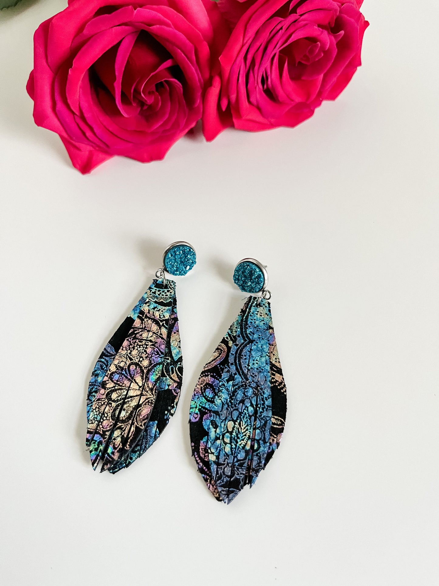 Metallic Leather Fringe Earrings Teal Druzy Studs, Multicolored Metallic Paisley Print on Black Leather, Leather Statement Earrings