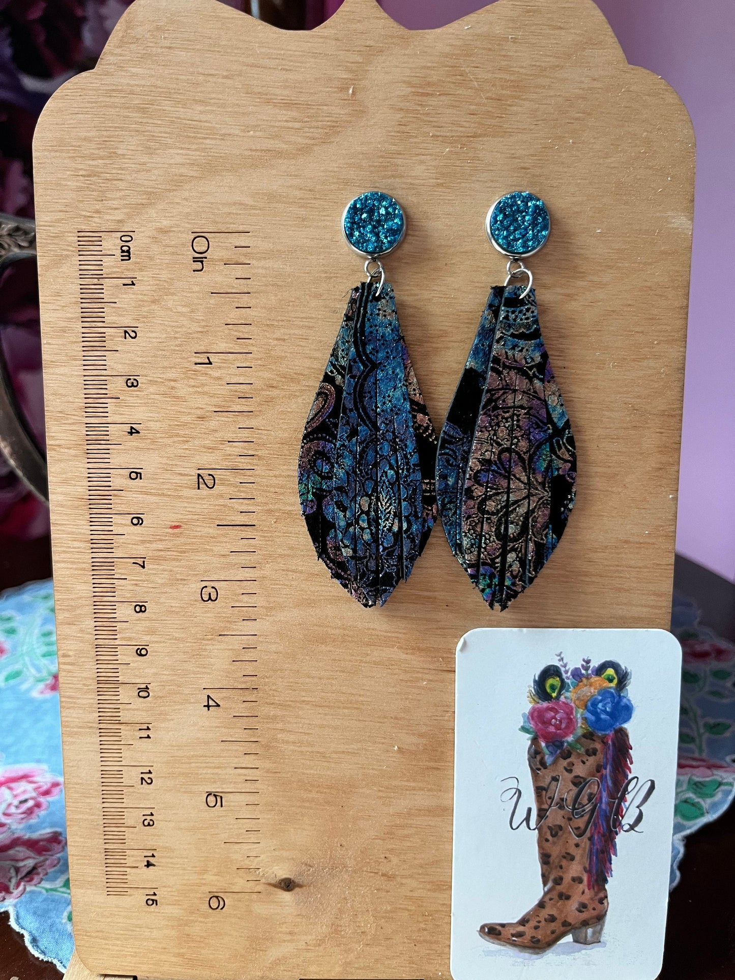 Metallic Leather Fringe Earrings Teal Druzy Studs, Multicolored Metallic Paisley Print on Black Leather, Leather Statement Earrings