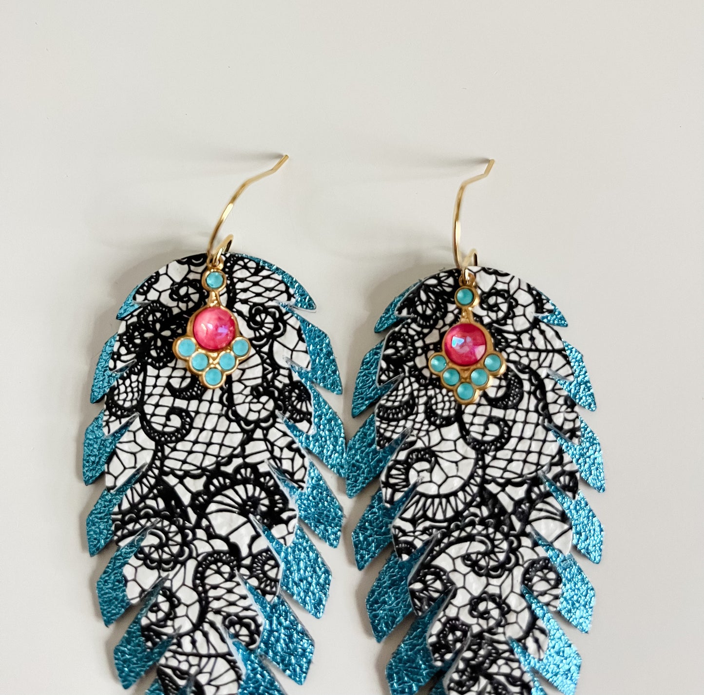 Turquoise and Black White Lace Feather Earrings, Boho Deco Earrings, Vintage Art Deco Dangles, Unique Leather Earrings