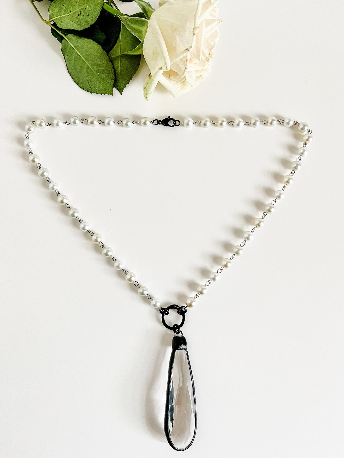 Pearl Necklace with Big Crystal Pendant, White Pearl Bead Necklace, Clear Crystal Pendant, Black Snake Infinity Clasp, Boho Dressy Necklace