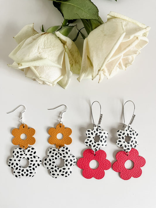 Flower Dangle Earrings, Black White Boho Print Leather, Mustard or Melon, Cottagecore Earrings, Coquette Chic Earrings, Boho Wedding Earring