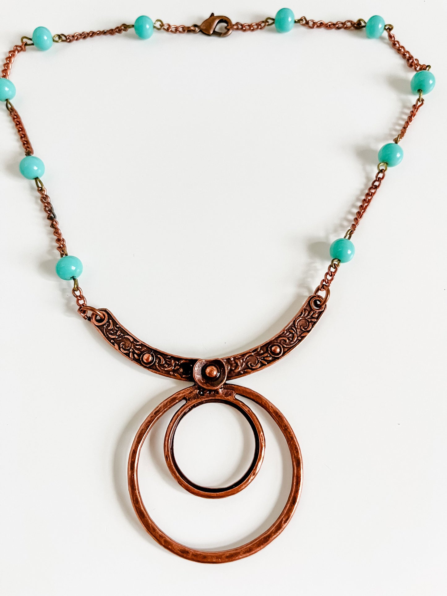 Turquoise and Copper Bib Necklace, Vintage Turquoise Bead Chain, Copper Statement Pendant, Boho Tribal Chic Necklace, Western Necklace