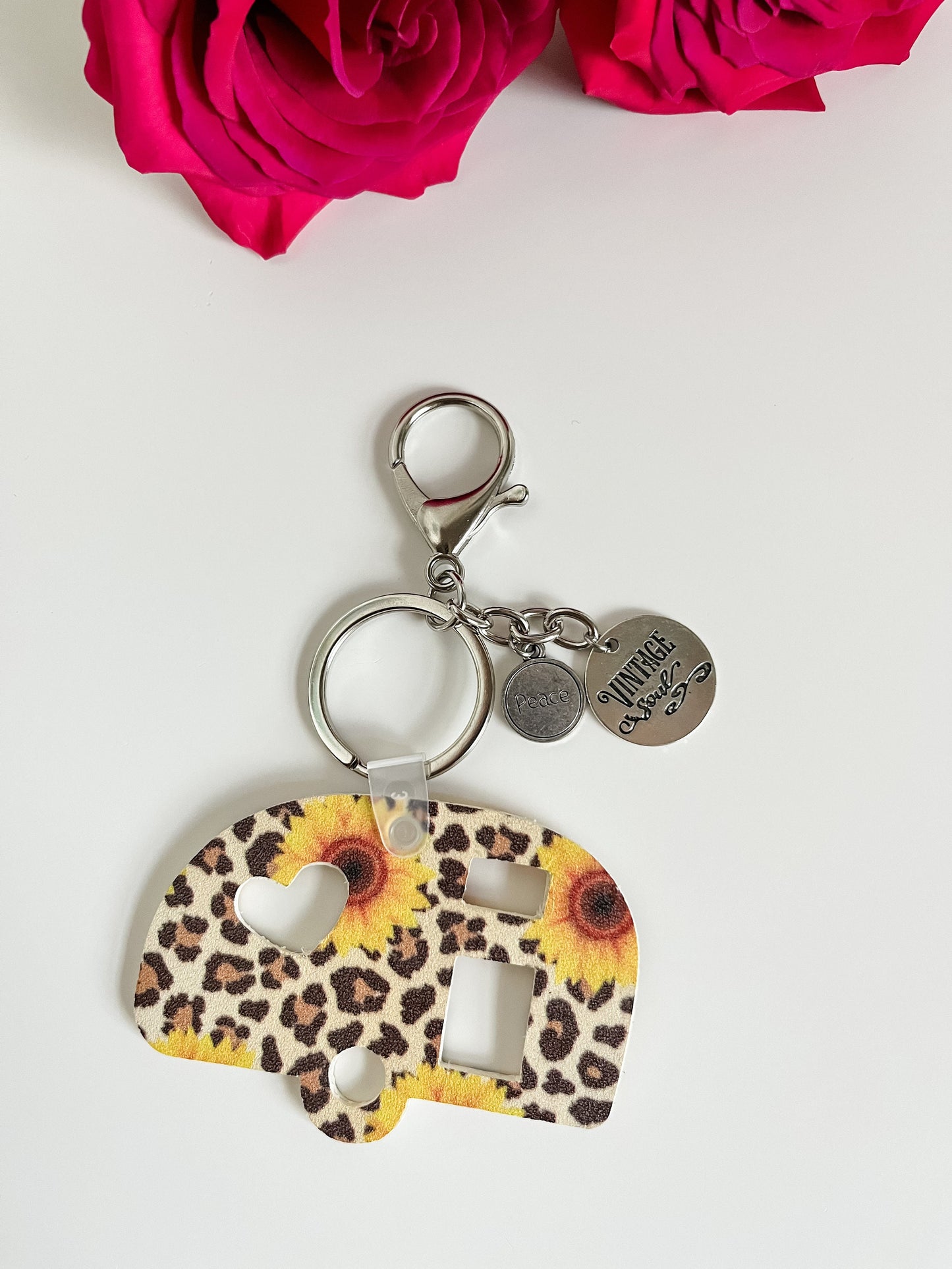 Vintage Camper Keychains, Bag Flair, Purse Charm, Glamping Gift, Gypsy Wagon Keychain, Leopard Sunflower Print, Retro Daisy Print Leather